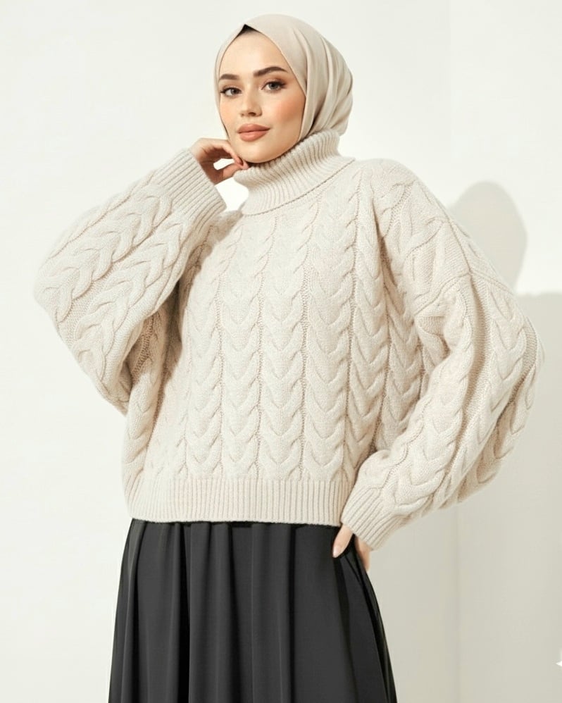 Cable Knit Turtleneck Sweater - Ecru - Podyumplus - by Peralane