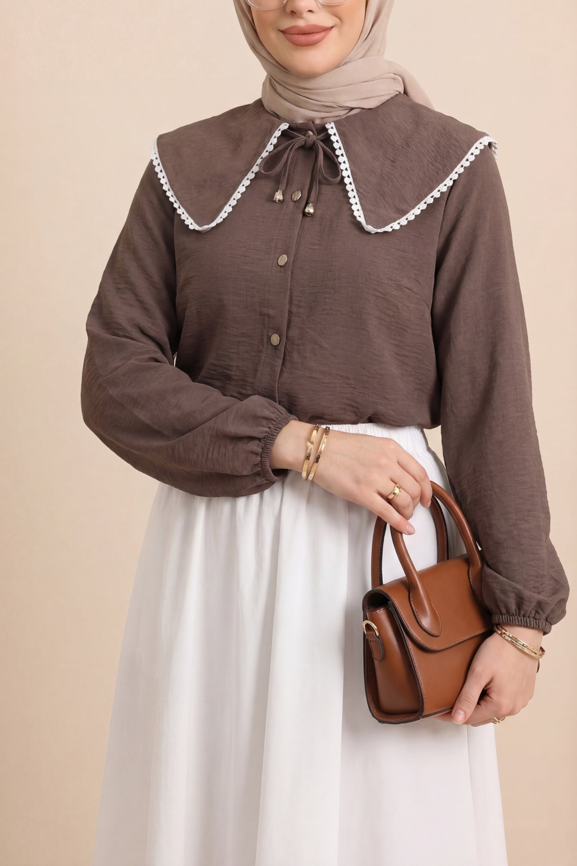 Brown Lace-Trimmed Blouse and Pleated Skirt Set - Podyumplus - by Peralane - photo 4