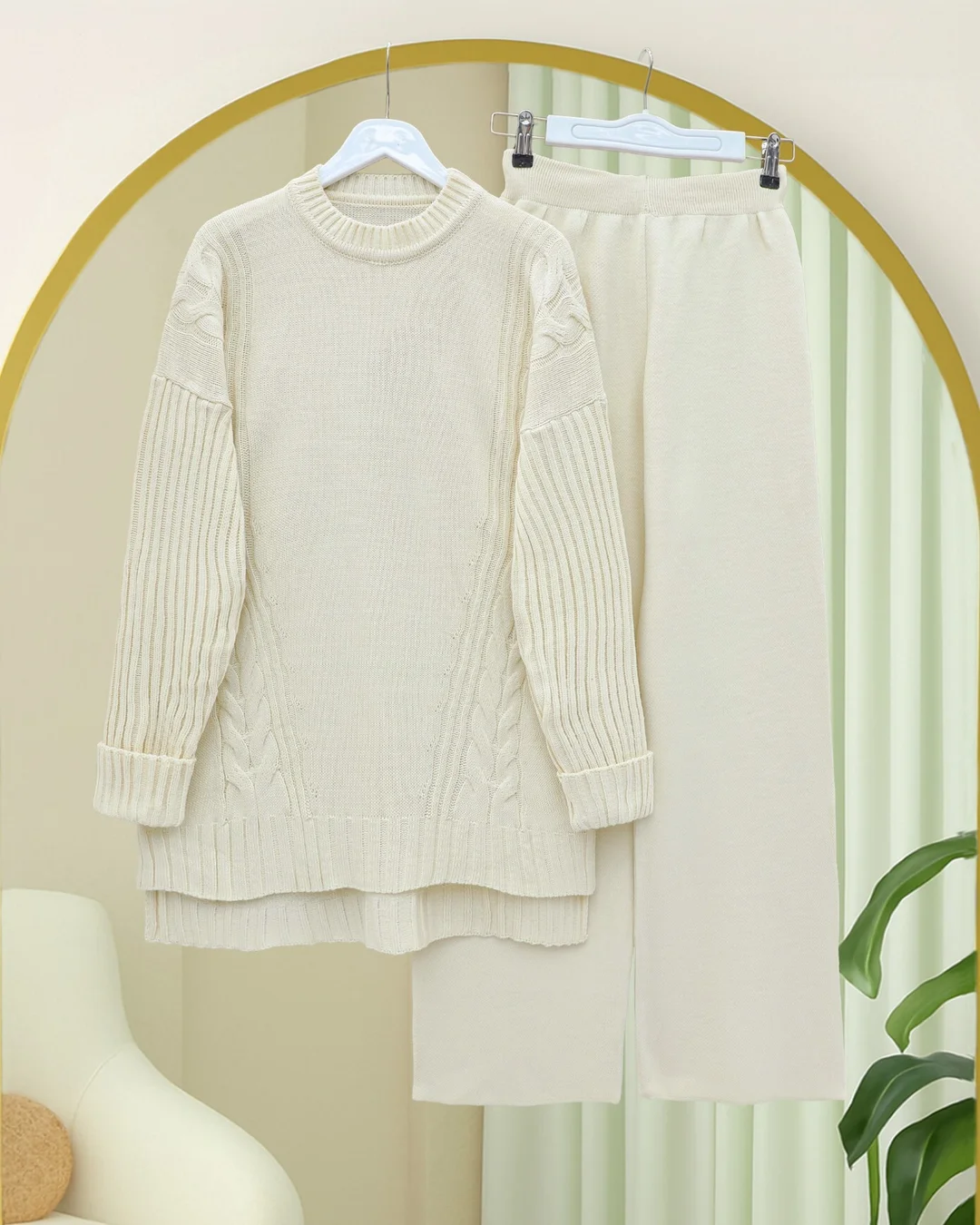 Cable Knit Long Back Sweater and Wide-Leg Trouser Set - Ecru - Podyumplus - by Peralane