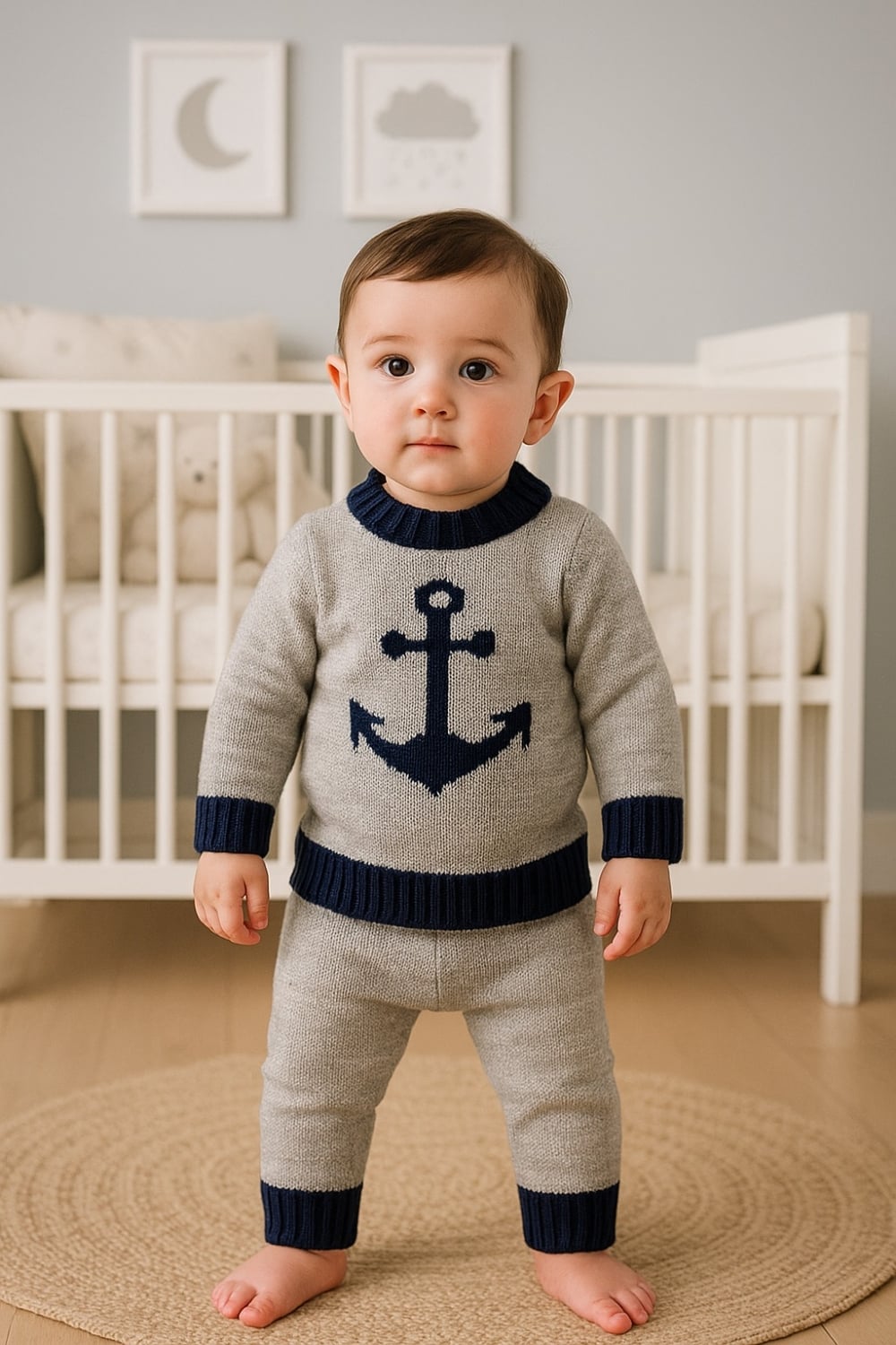 Striped Knitted Baby Two-Piece Set with Anchor Motif - Navy - Has Bereket - by Peralane