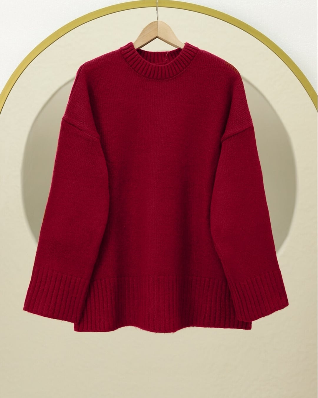 Bike Neck Ribbed Hem Relaxed Knit Sweater - Red - Podyumplus - by Peralane - photo 3