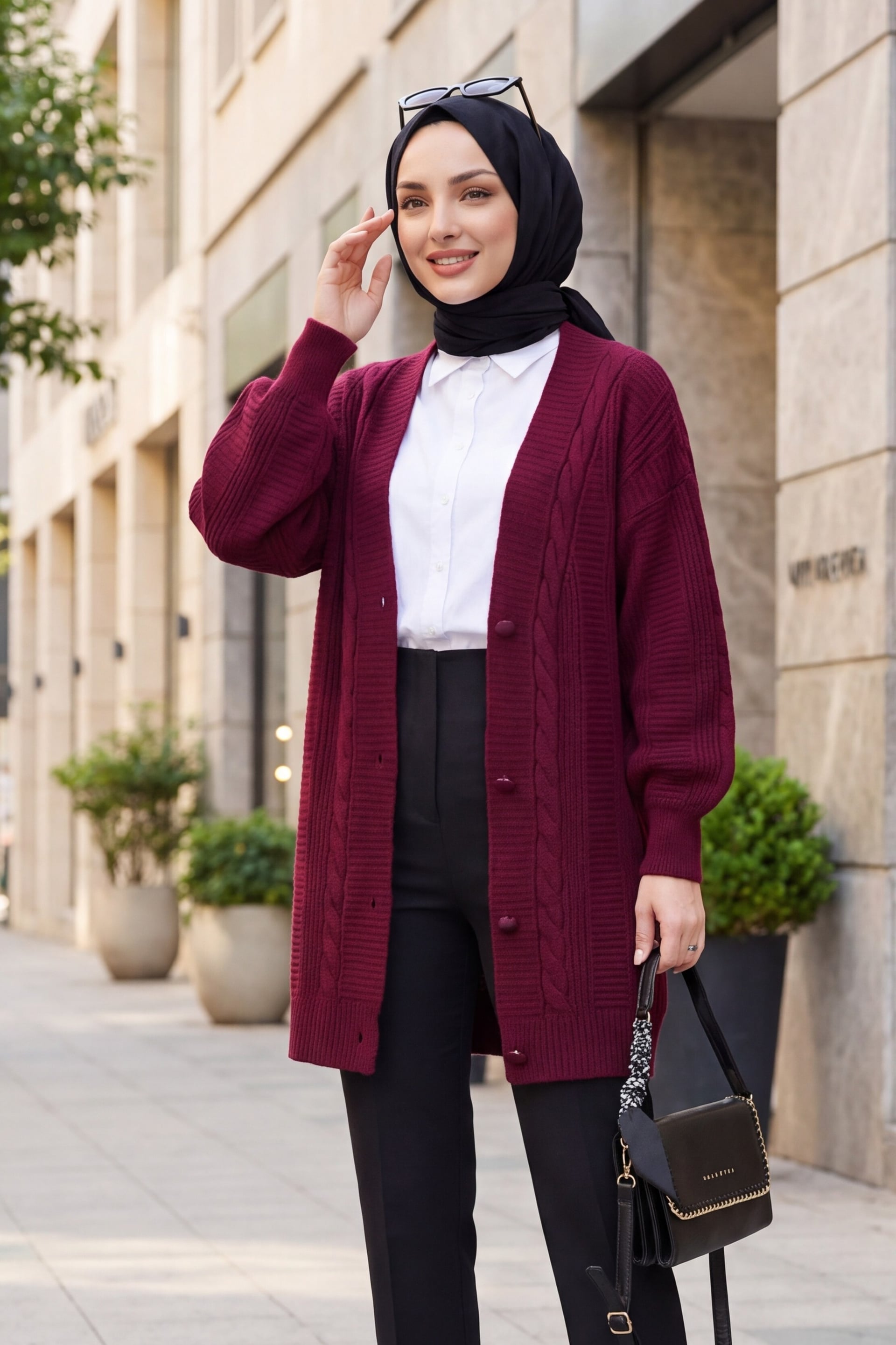 Women's Burgundy Cable Knit Cardigan with Buttons - Bigdart - by Peralane - photo 2
