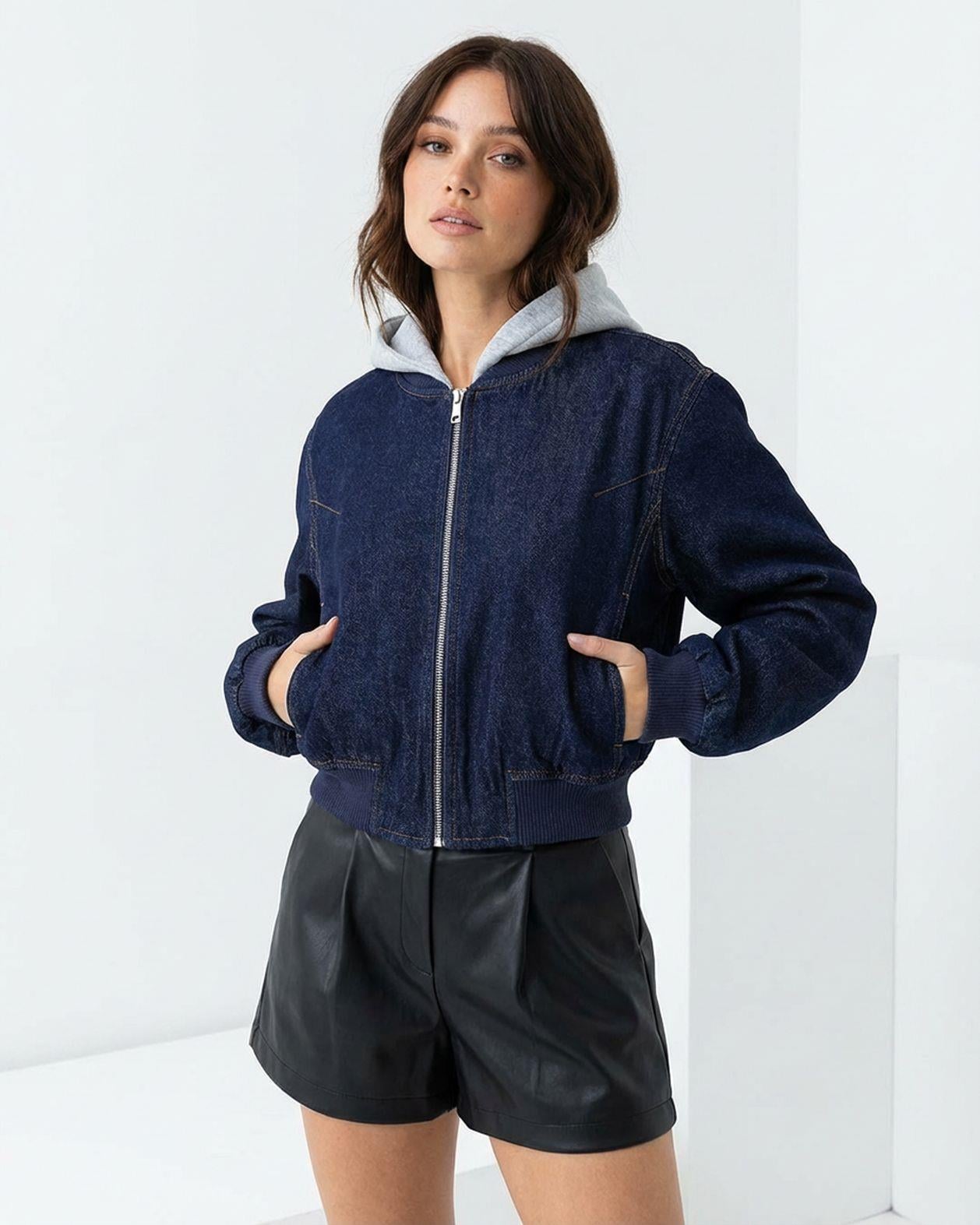 Women's Cotton Denim Jacket with Hooded Lining - Dark Navy - Fame - by Peralane - photo 5