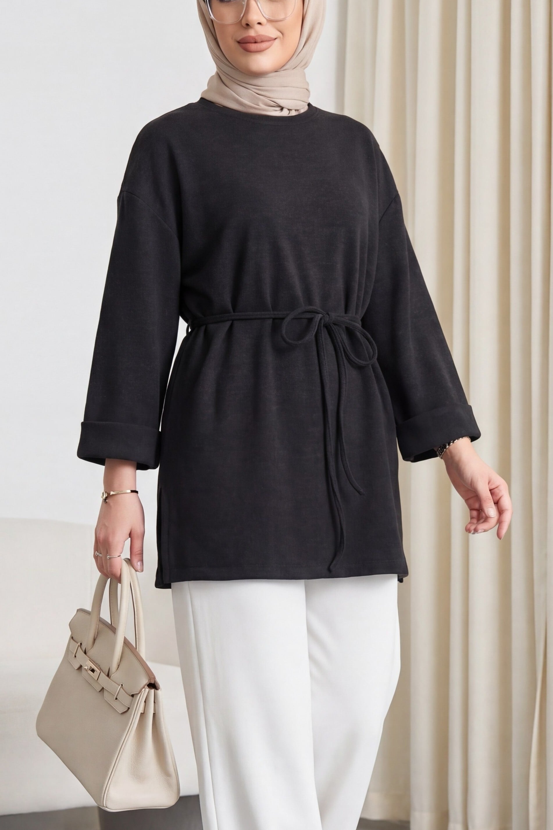 Antrasit Selanik Tunic with Folded Sleeves and Waist Tie - Podyumplus - by Peralane