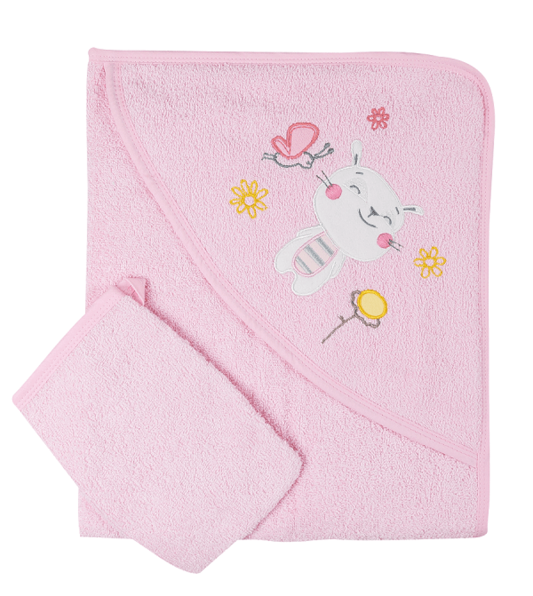 Baby Bunny Embroidered Hooded Towel Set with Washcloth - Pink - Babydo - by Peralane