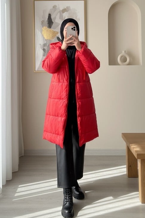 Red Hooded Quilted Puffer Jacket with Drawstring - Podyumplus - by Peralane