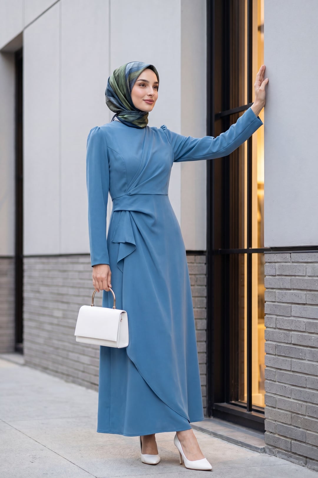 Wrap-Style Draped Long Dress with Asymmetric Hem - Blue - Podyumplus - by Peralane