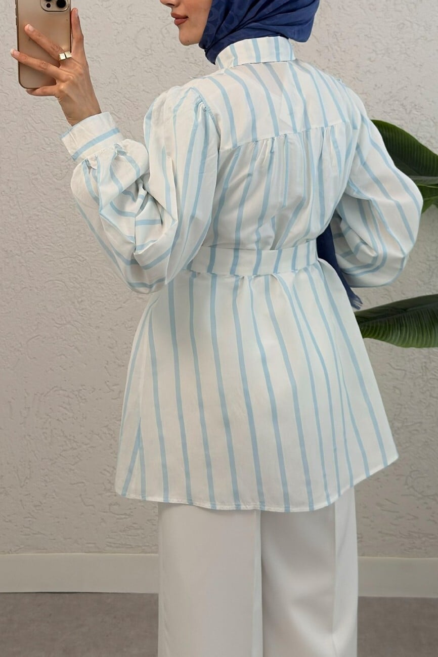 Light Blue Striped Belted Shirt Tunic for Women - Podyumplus - by Peralane - photo 5