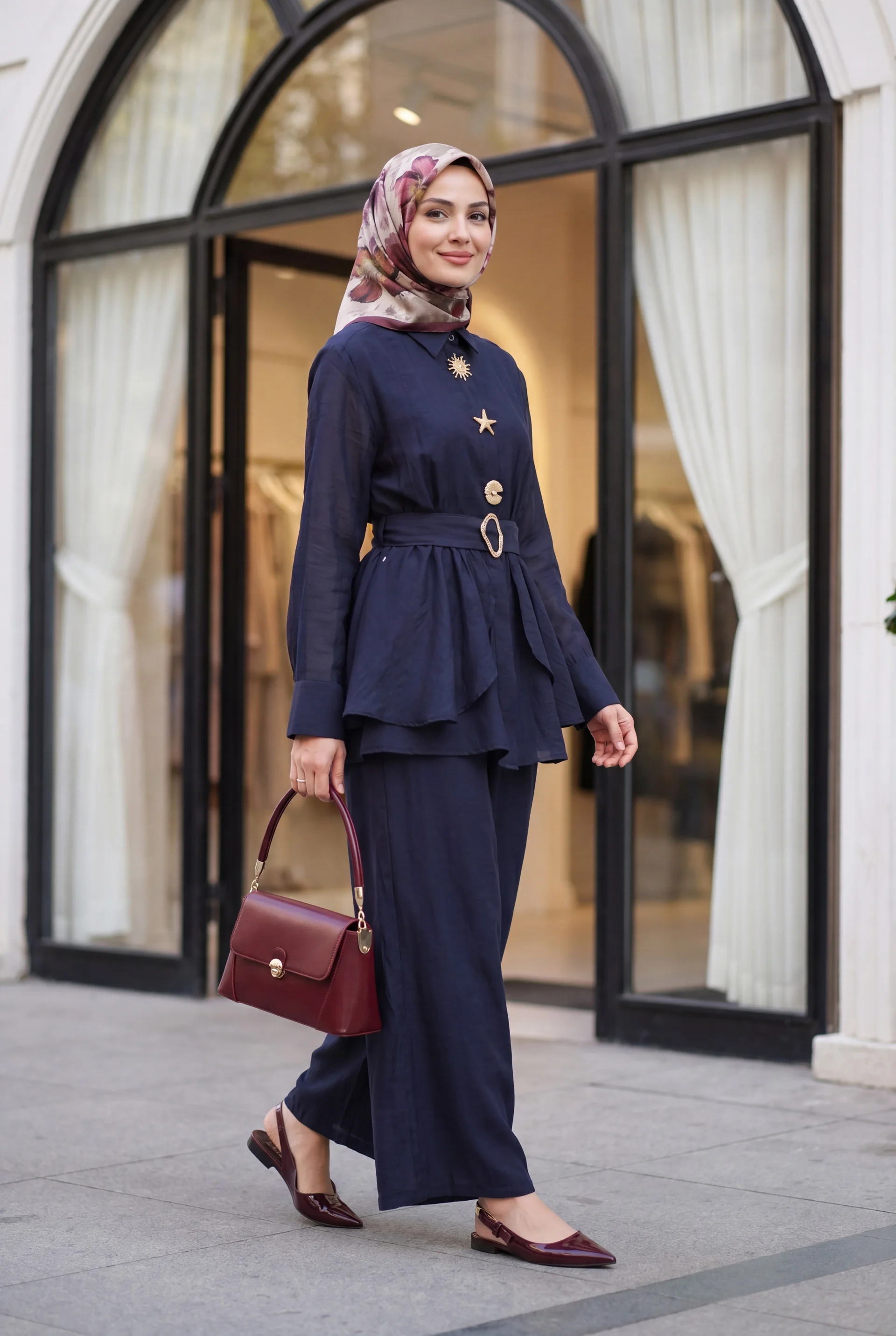 Navy Blue Lined Cupro Blouse and Wide-Leg Trousers Set with Belt - Podyumplus - by Peralane