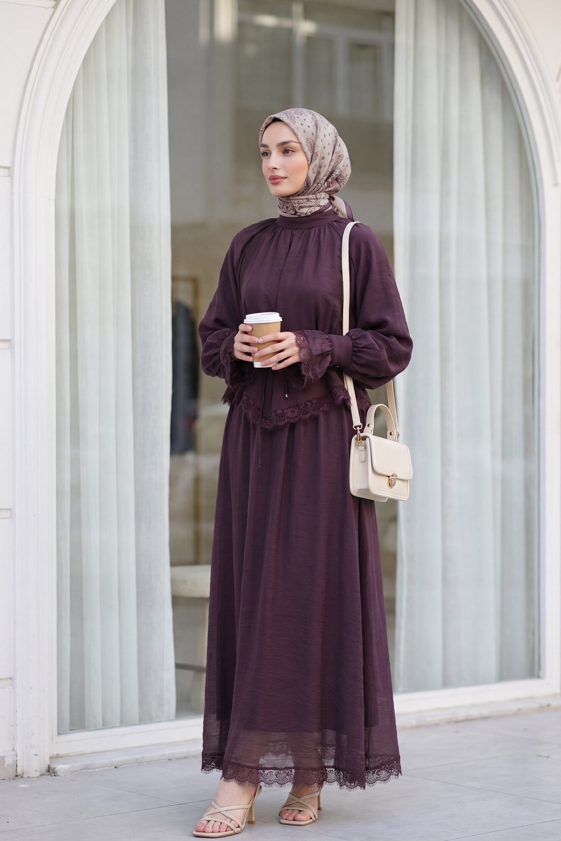Lace Trim Belted Lined Flam Tulle Two-Piece Set - Plum - Podyumplus - by Peralane - photo 3