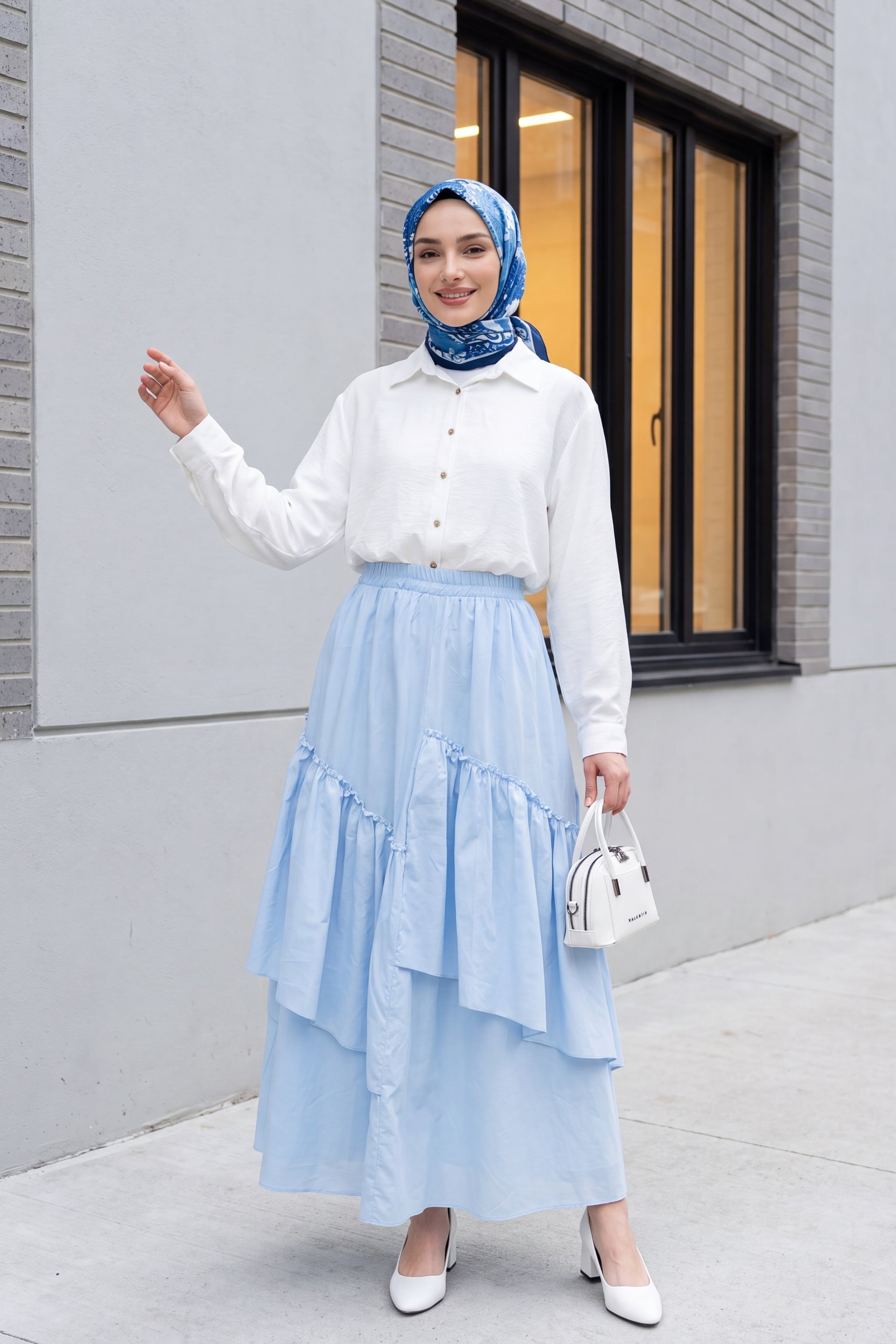 Elasticated Waist Asymmetric Ruffled Lined Voile Skirt - Light Blue - Podyumplus - by Peralane - photo 3