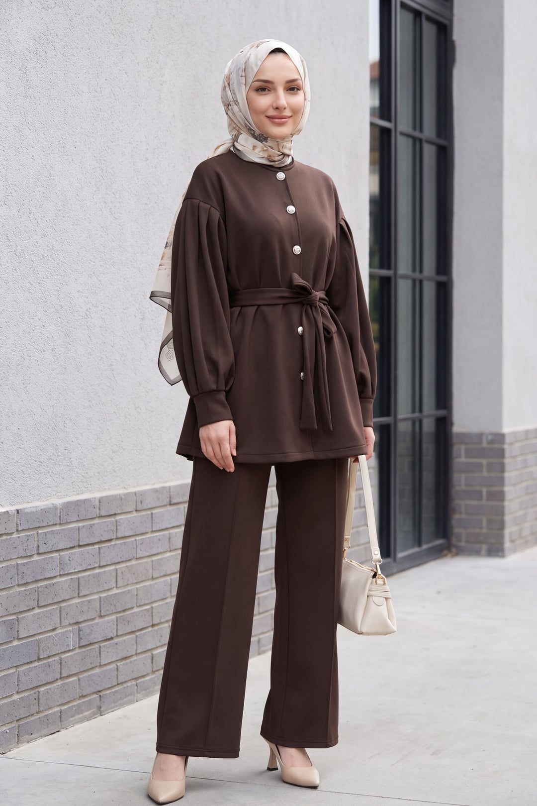 Belted Button-Front Scuba Tunic and Wide-Leg Trousers Set - Brown - Podyumplus - by Peralane - photo 4