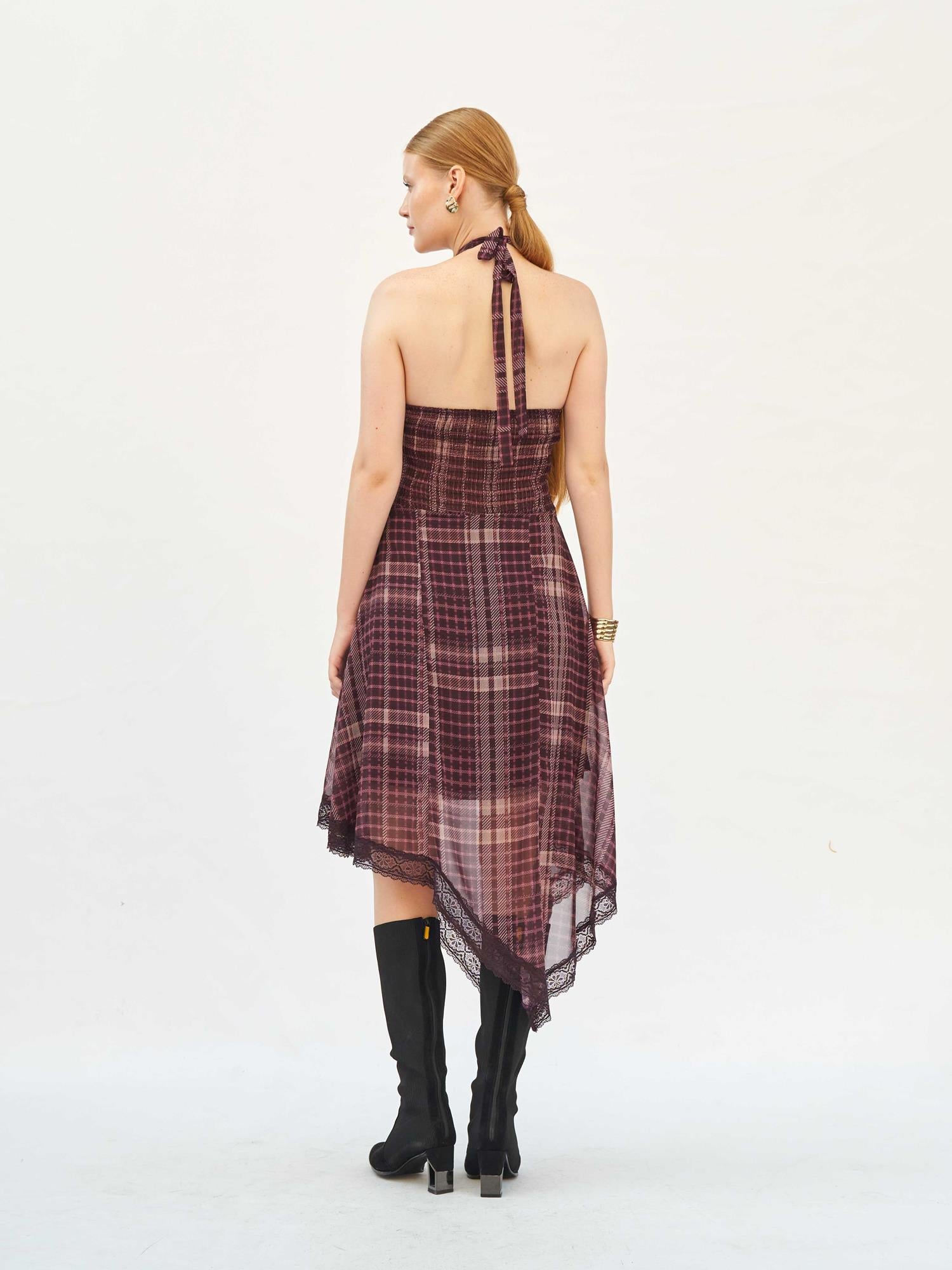 111808 Burgundy and Beige Plaid Maxi Dress with Lace Trim - Lefon - by Peralane - photo 3