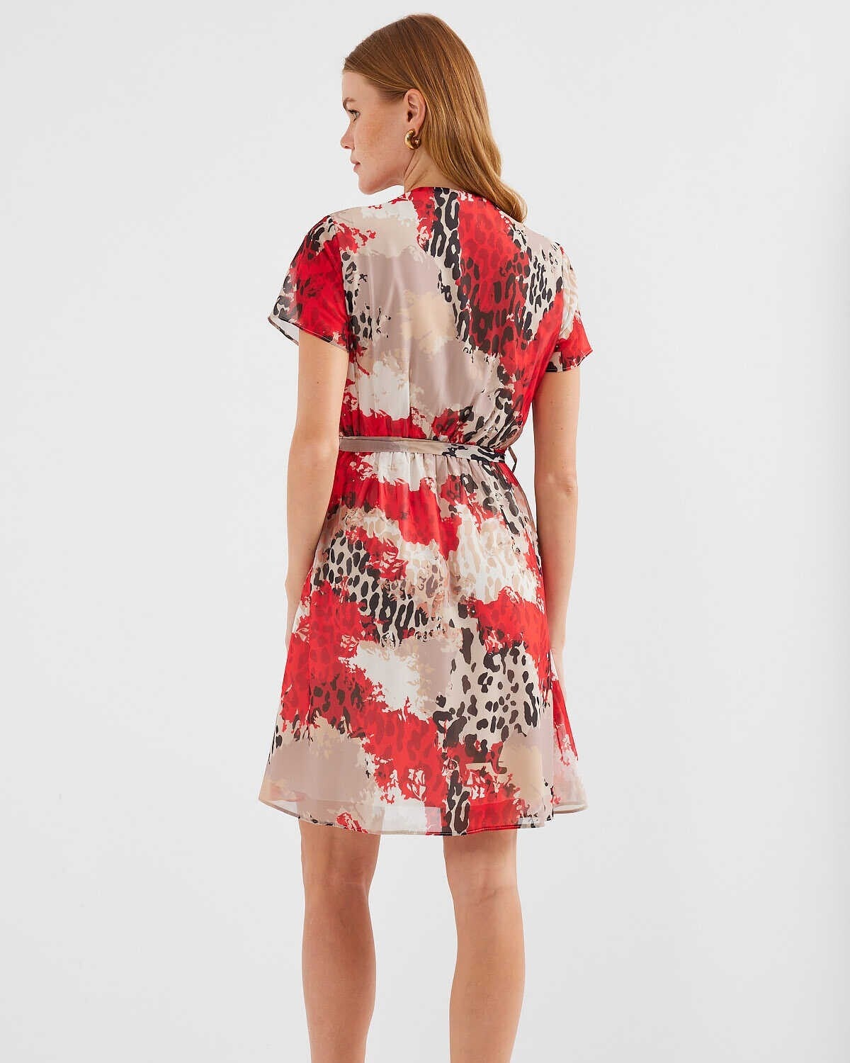 2502 Short-Sleeved Patterned Chiffon Dress - Red - Bigdart - by Peralane - photo 4