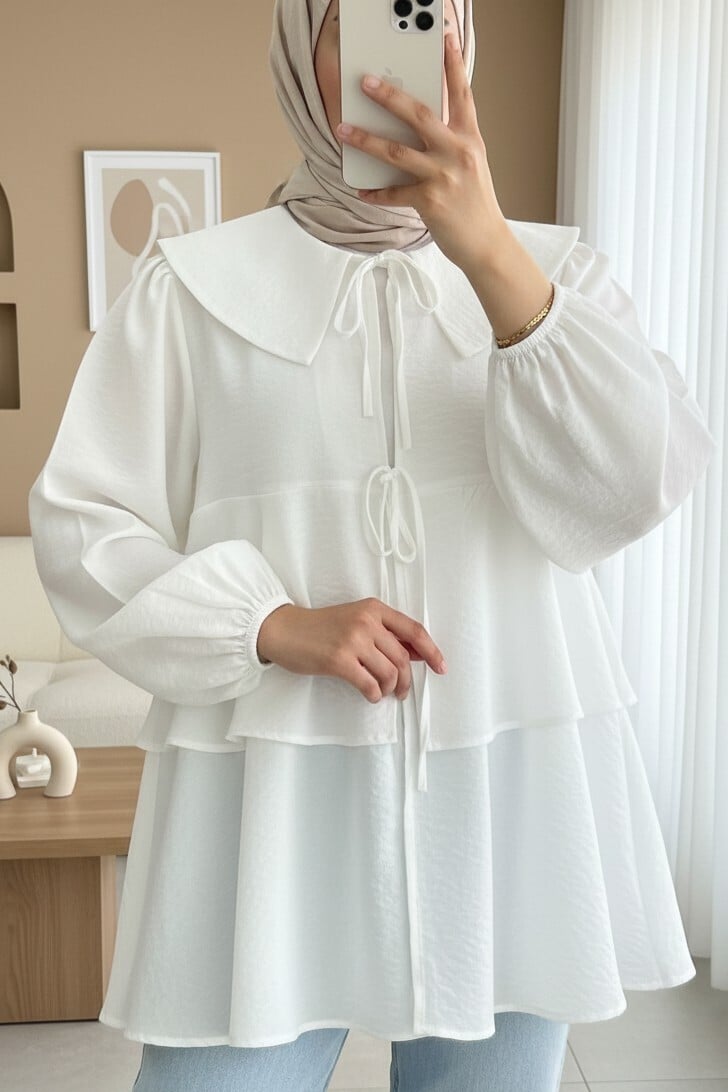 White Tie-Front Layerd Peplum Kimono Blouse with Baby Collar - Podyumplus - by Peralane