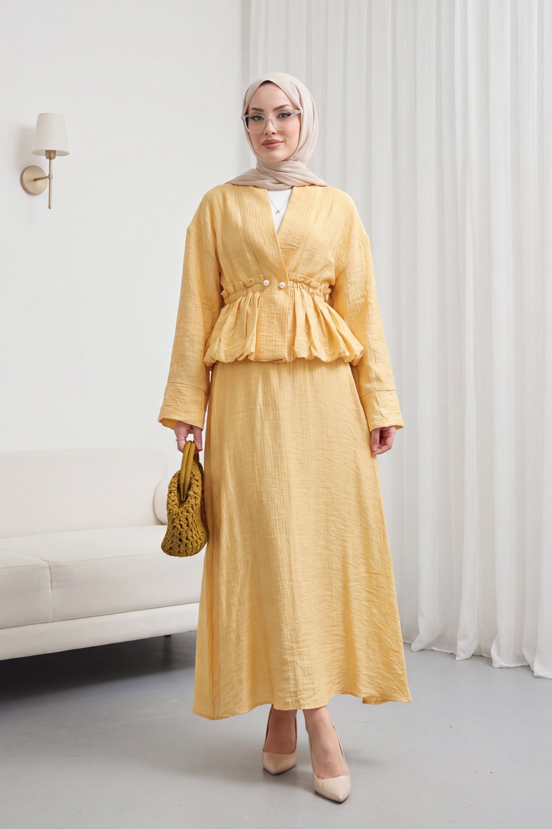 Tunnel Lace-Up Pearl Button Skirted Lined Tencel Muslin Two-Piece Set - Mustard - Podyumplus - by Peralane