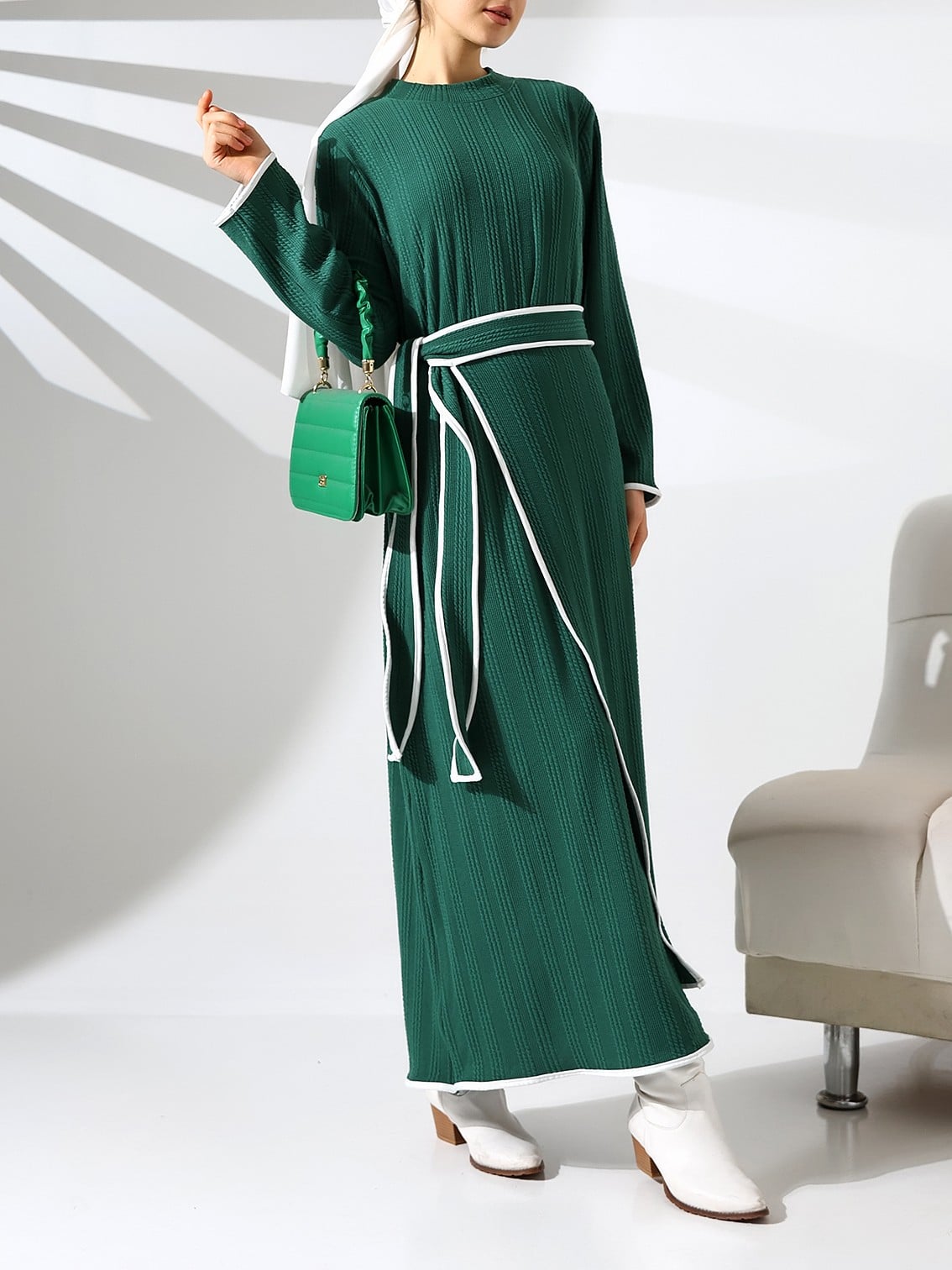Emerald Green Two-Piece Belted Knitted Crepe Dress with Stand Collar - Podyumplus - by Peralane - photo 4