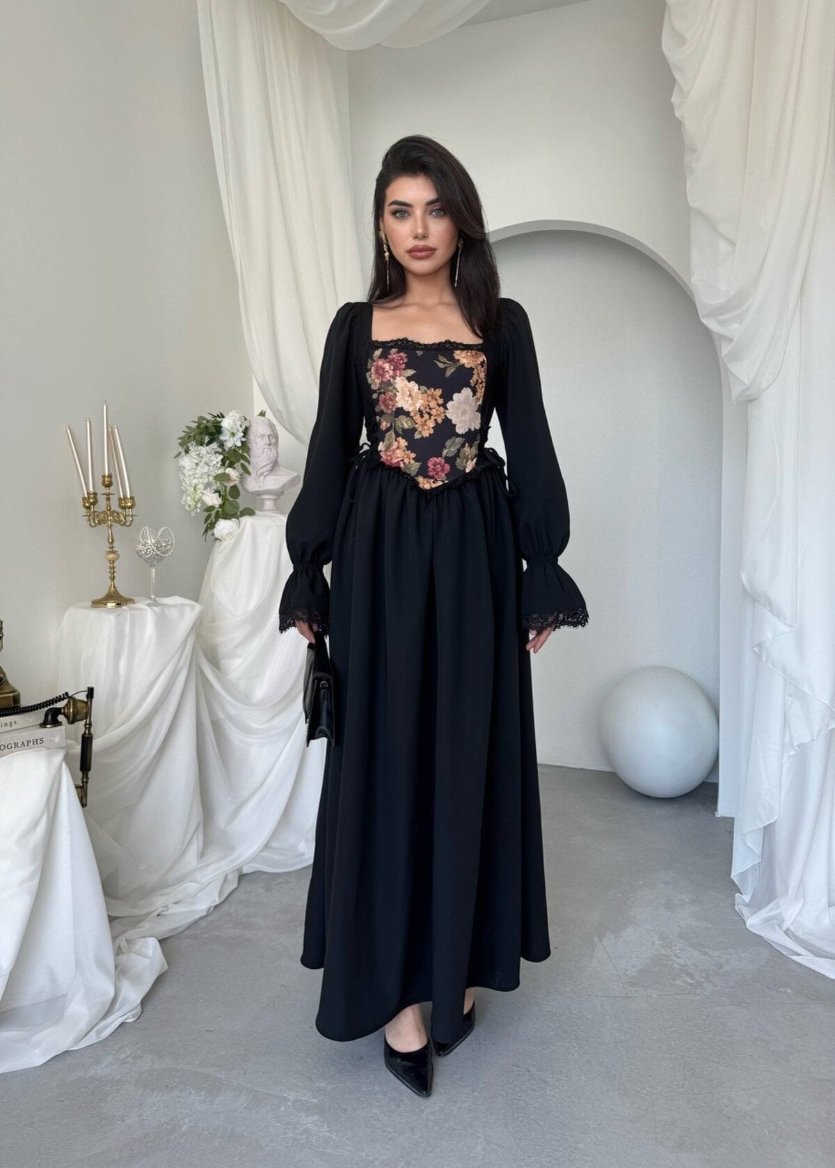 Ponsa Midi Dress with Floral Print and Lace Trim - Black - Etika - by Peralane - photo 8