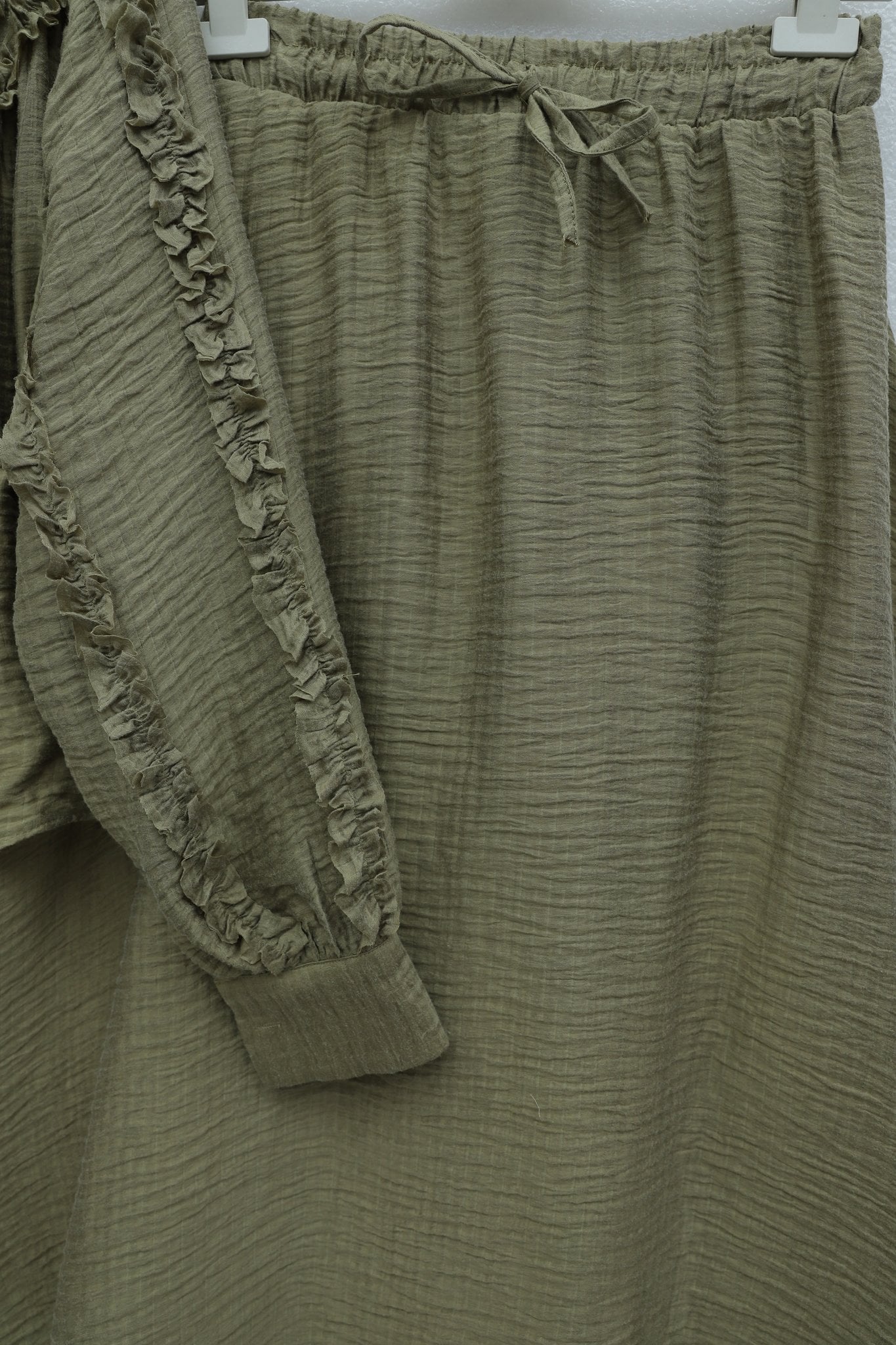 Olive Green Crinkled Two-Piece Set with Ruffled Blouse and A-Line Skirt - Podyumplus - by Peralane - photo 4