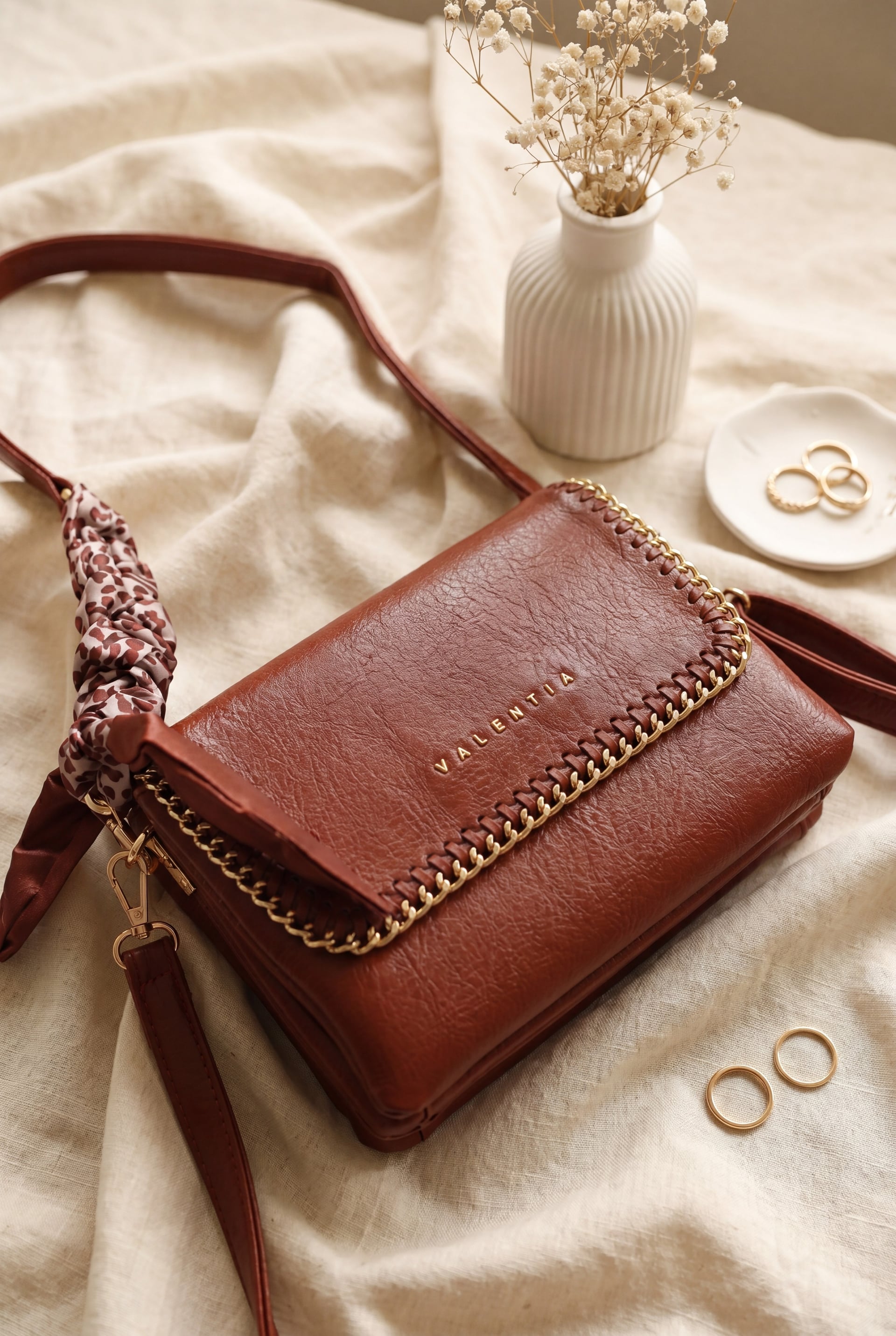 Chain-Trimmed Flap Crossbody Bag with Scarf Detail - Burgundy - Podyumplus - by Peralane