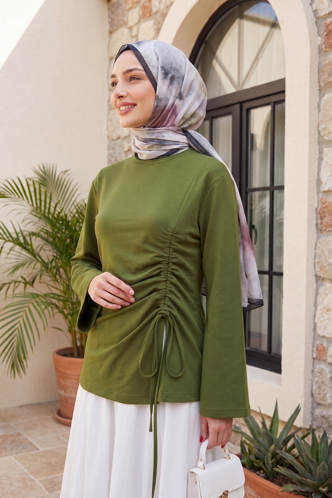 Asymmetric Drawstring Detail Cotton Blend Sweatshirt - Olive Green - Podyumplus - by Peralane