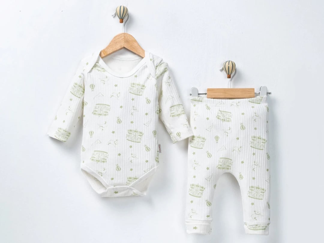 Carousel Print Baby Bodysuit and Pants Set – Green - Supermini - by Peralane