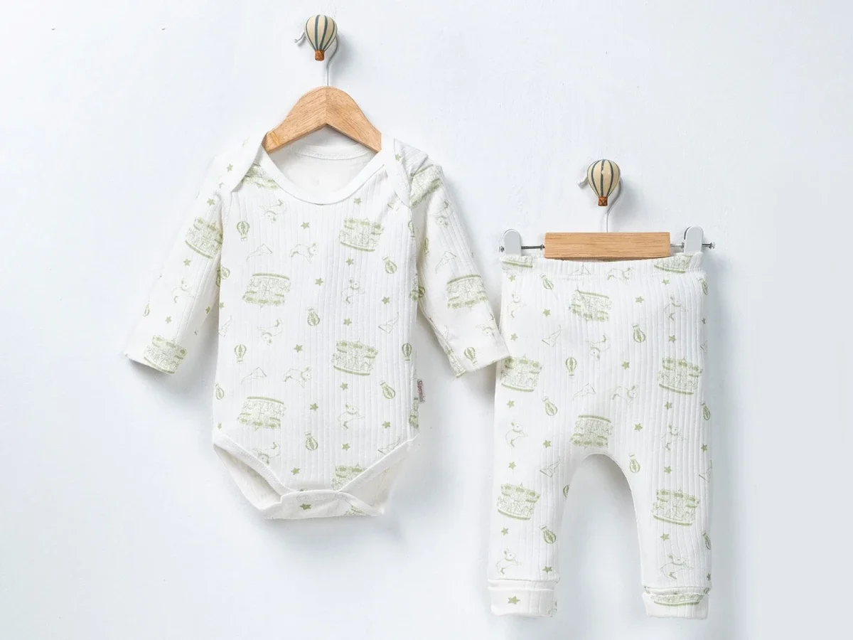 Carousel Print Baby Bodysuit and Pants Set – Green - Supermini - by Peralane