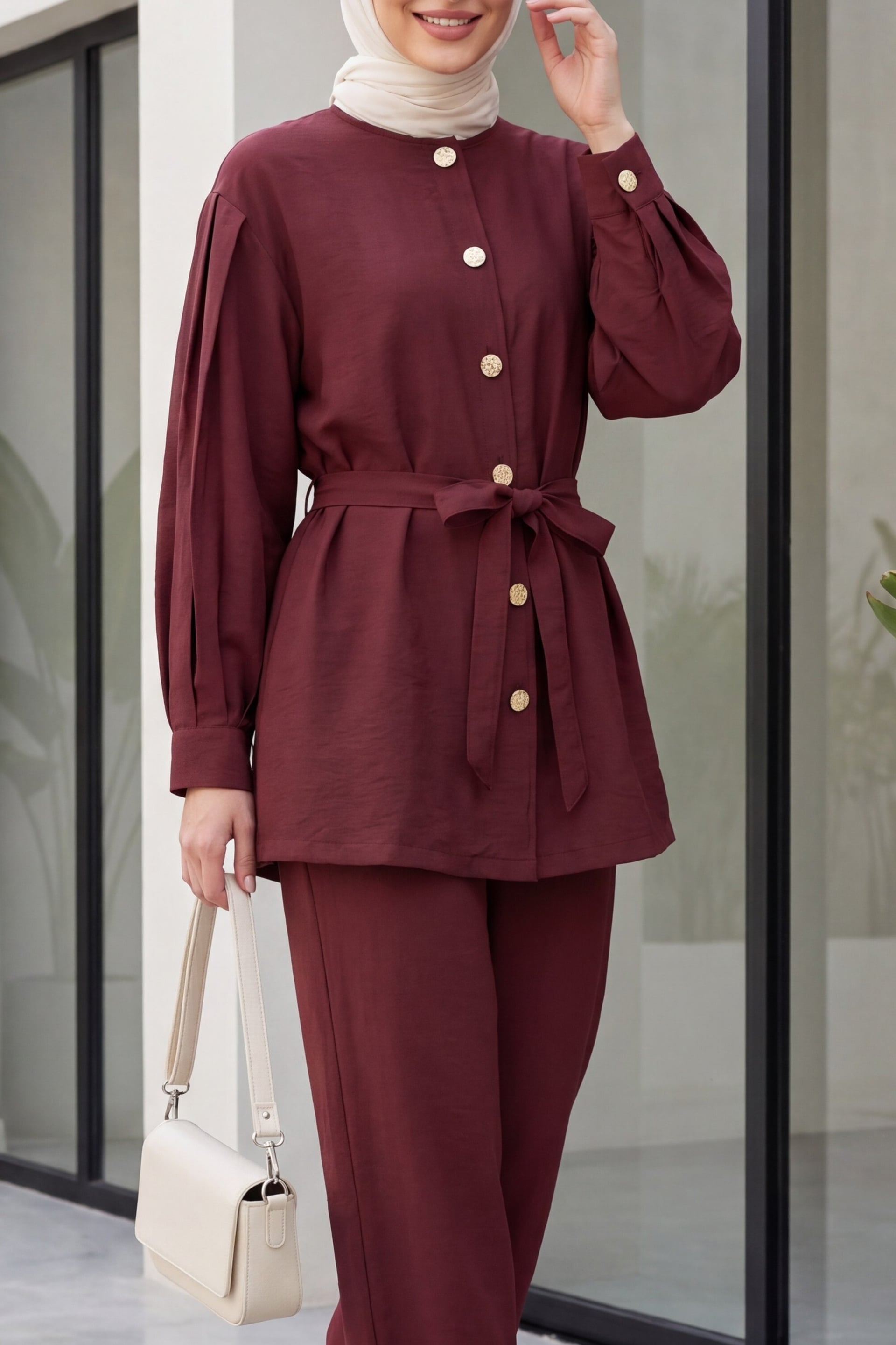 Burgundy Watermelon Sleeve Tie-Belt Trousers Set for Women - Podyumplus - by Peralane