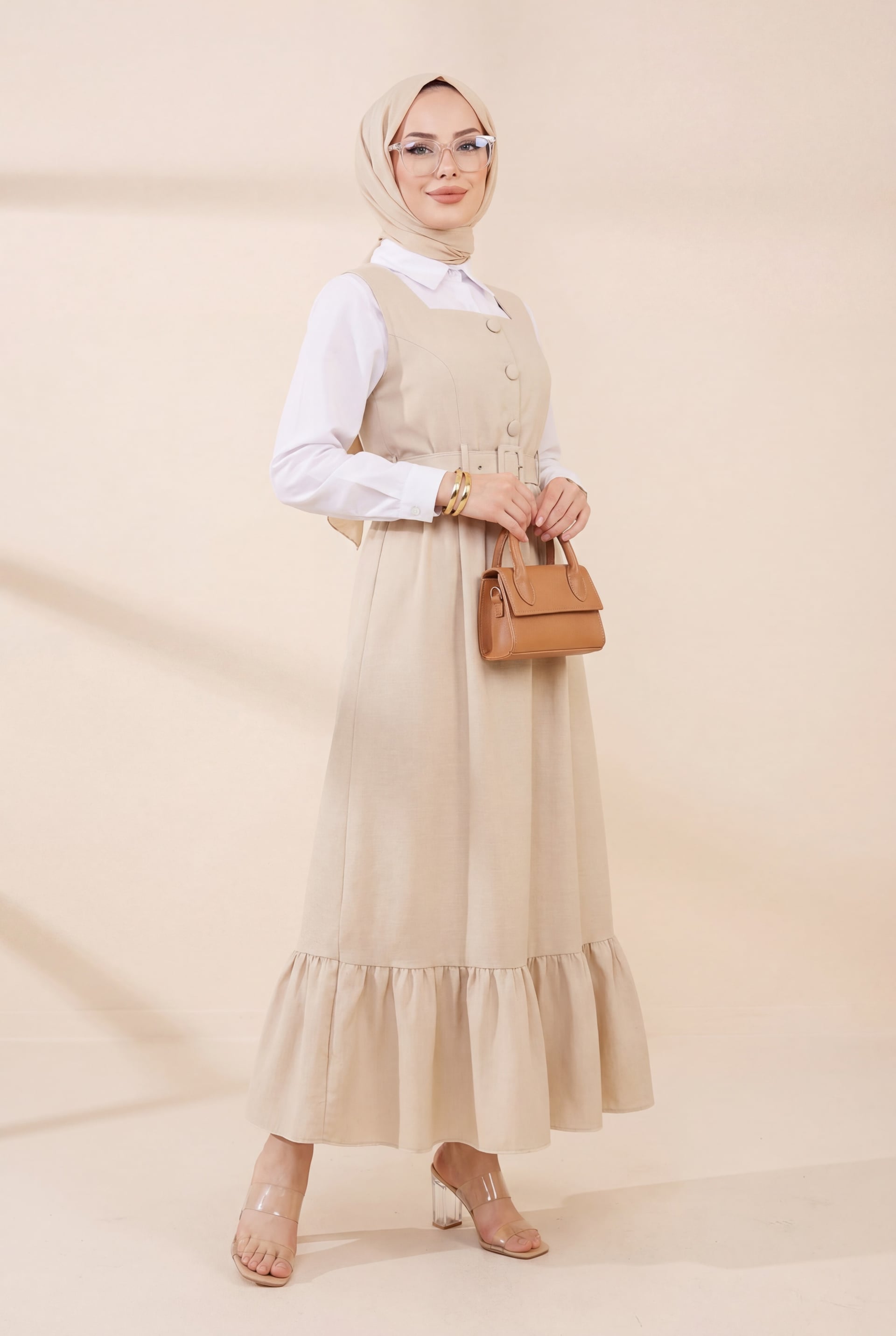 Top Buttoned Shirt and Pinafore Dress Set - Beige - Podyumplus - by Peralane - photo 2