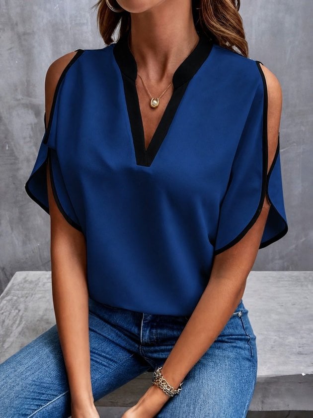 Women's Short-Sleeve V-Neck Crepe Blouse with Shoulder Cut-Outs - Janes - by Peralane - photo 2