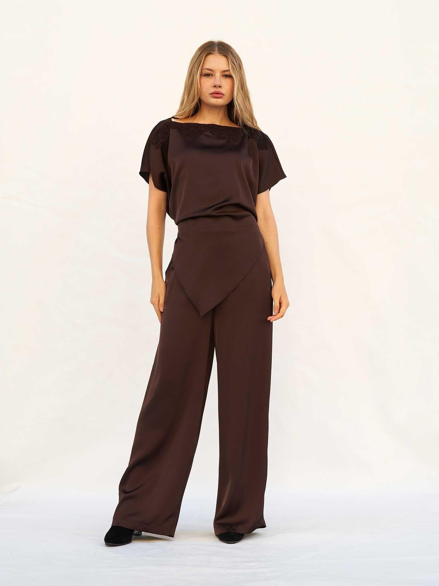 Lace-Trimmed Boat Neck Top and Asymmetrical Wrap Wide-Leg Trousers Set - Lefon - by Peralane - photo 4