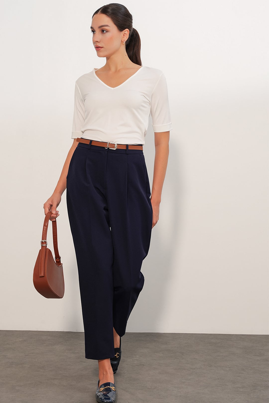 Women's Belted Fabric Trousers 30136 - Dark Navy - Bigdart - by Peralane - photo 2
