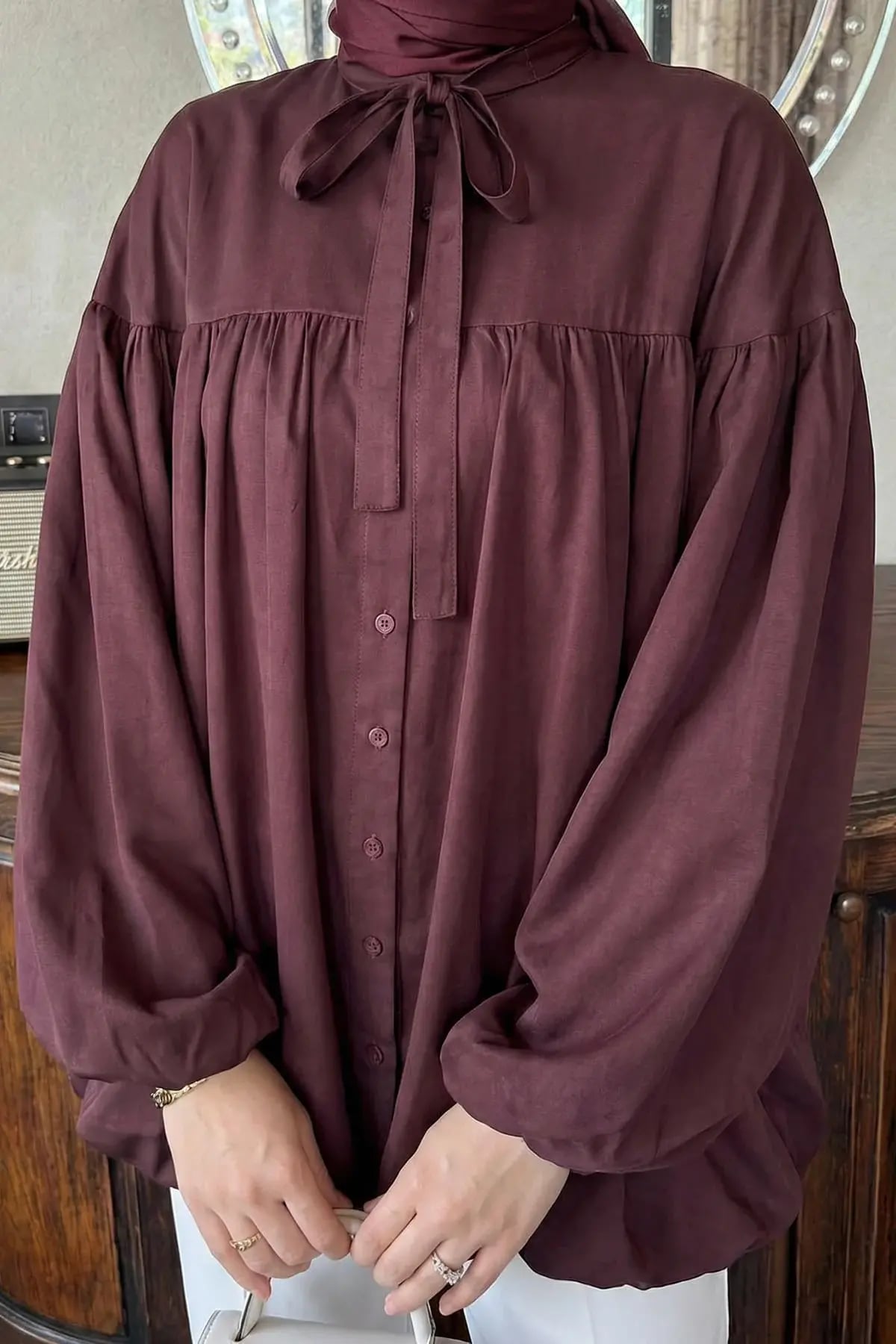 Tie-Neck Button-Front Balloon Sleeve Cupro Tunic - Deep Plum - Podyumplus - by Peralane - photo 9