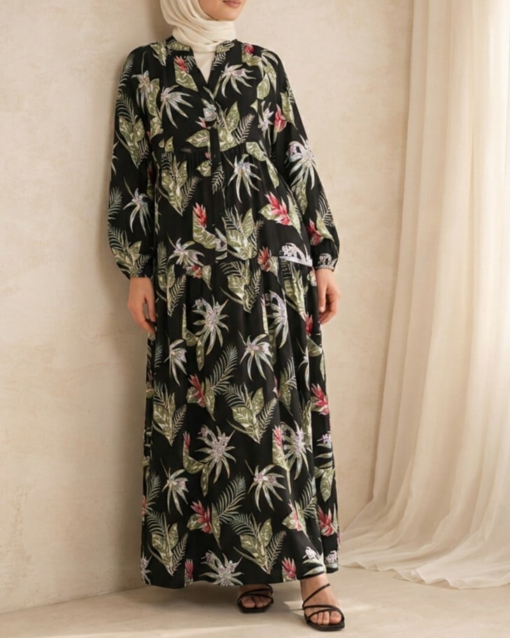 Women's Authentic Print Long Modest Dress 2585 - Black - Bigdart - by Peralane - photo 2