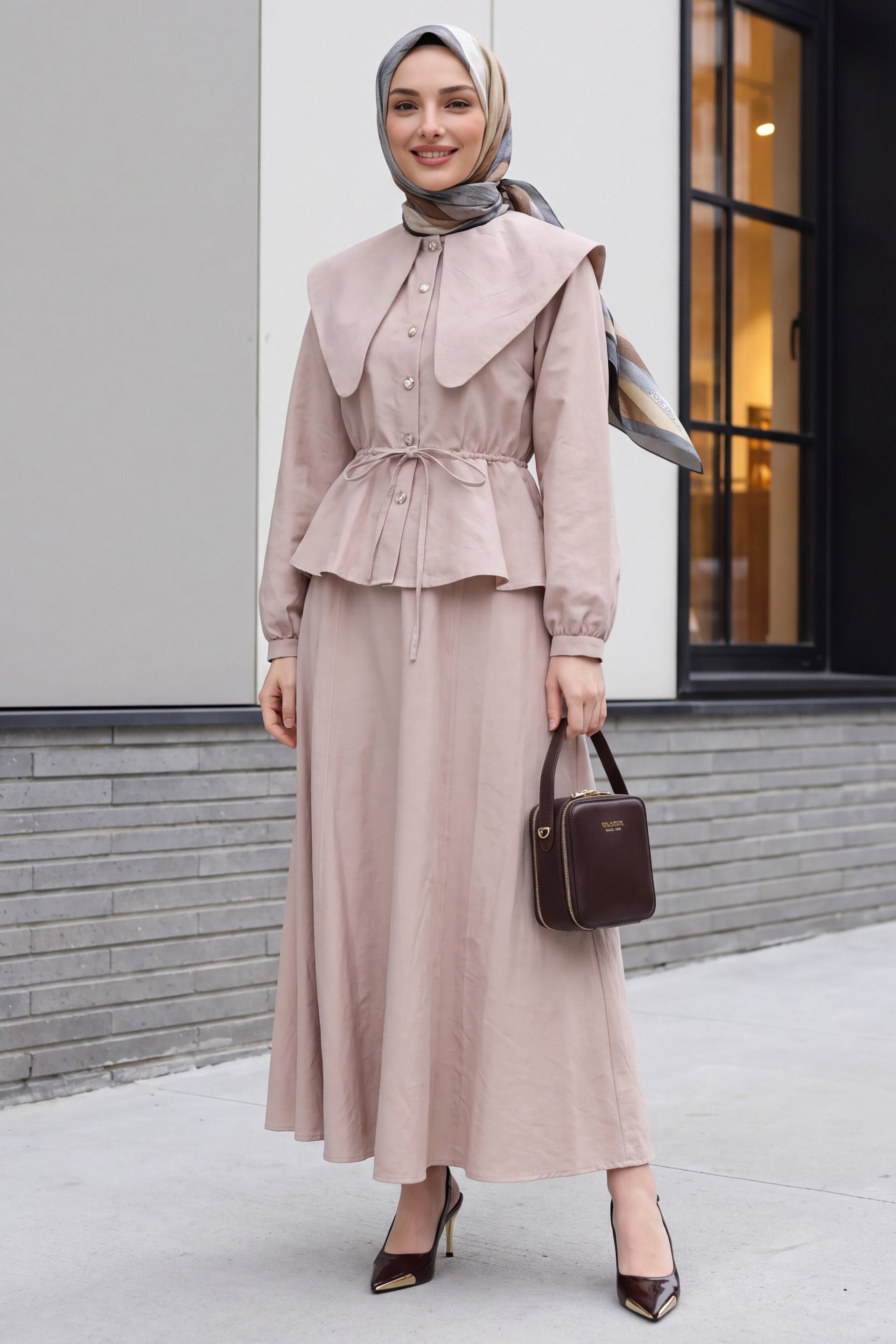 Skipper Collar Elasticated Waist Buttoned Skirt Set - Stone - Podyumplus - by Peralane - photo 2