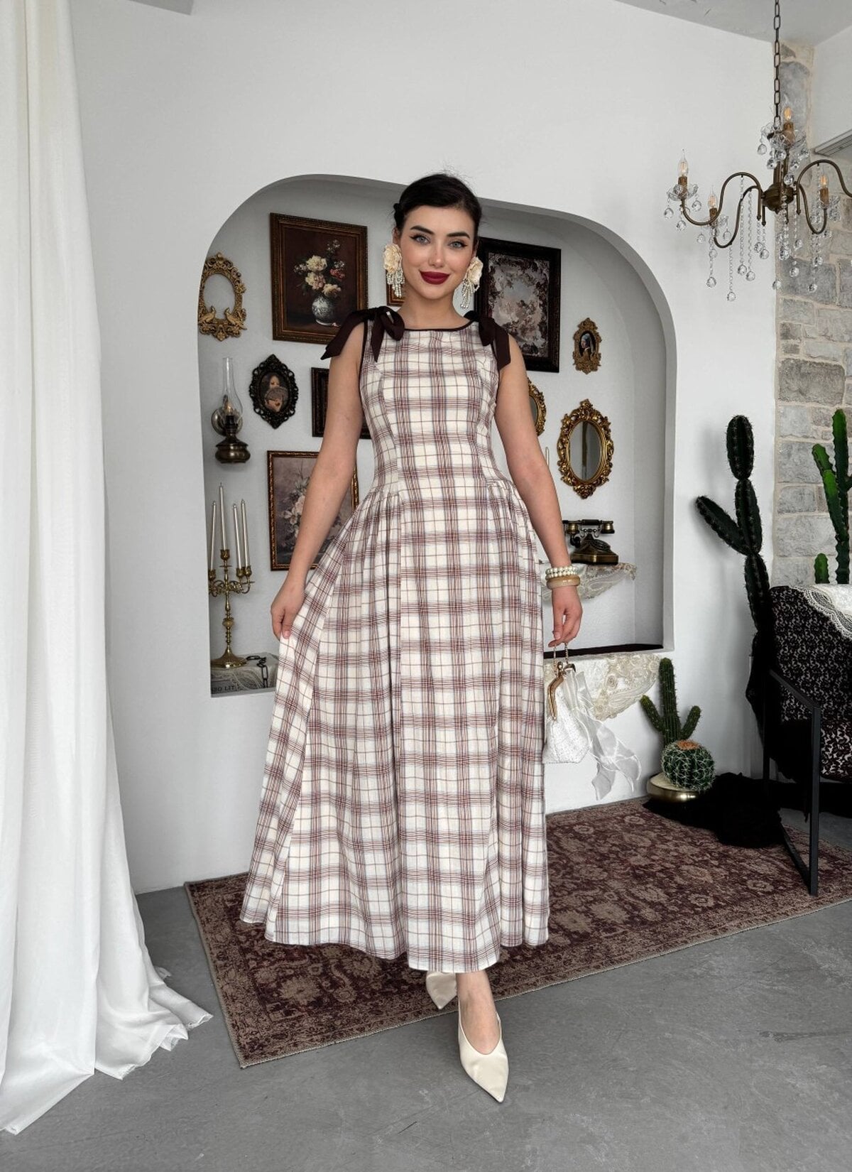 Sleeveless Plaid Dress with Bow Detail - Ekru - Etika - by Peralane - photo 4