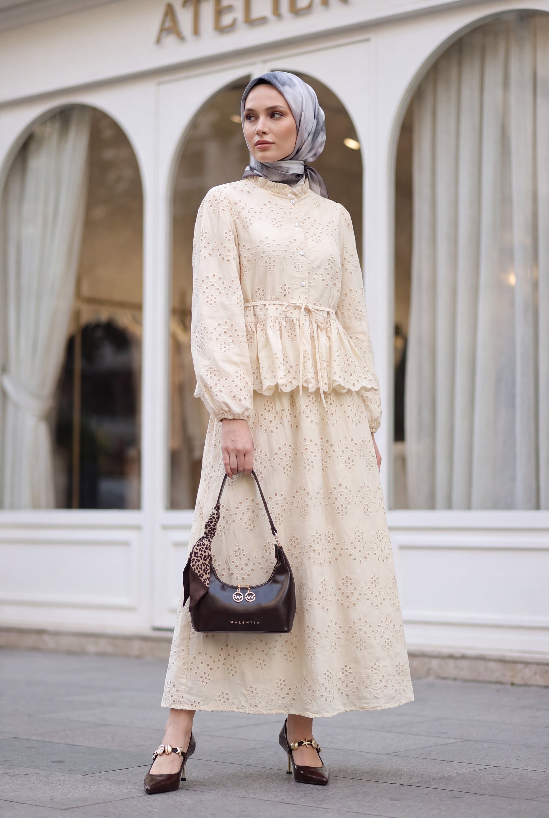 Women's Cotton and Polyester Two-Piece Set with Eyelet Embroidery - Beige - Podyumplus - by Peralane - photo 2