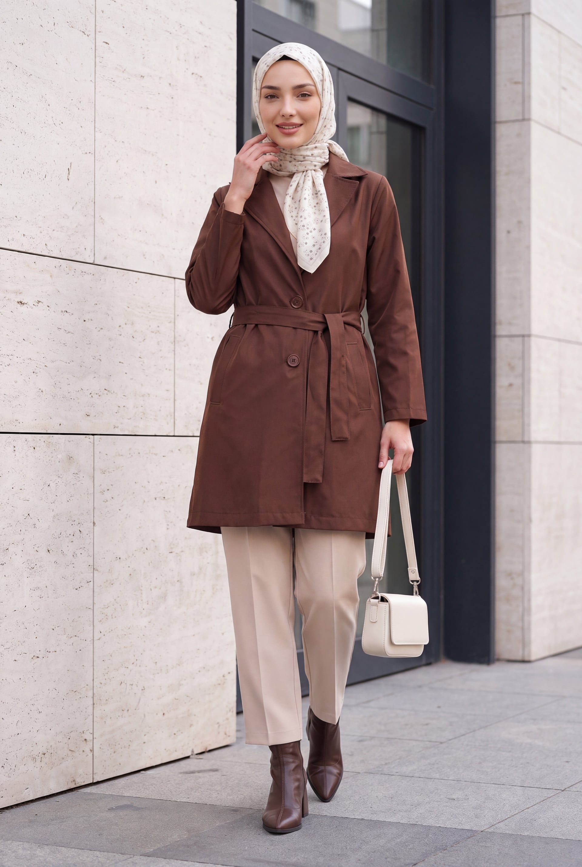 Women's Belted Short Trench Coat - Brown - Bigdart - by Peralane - photo 2