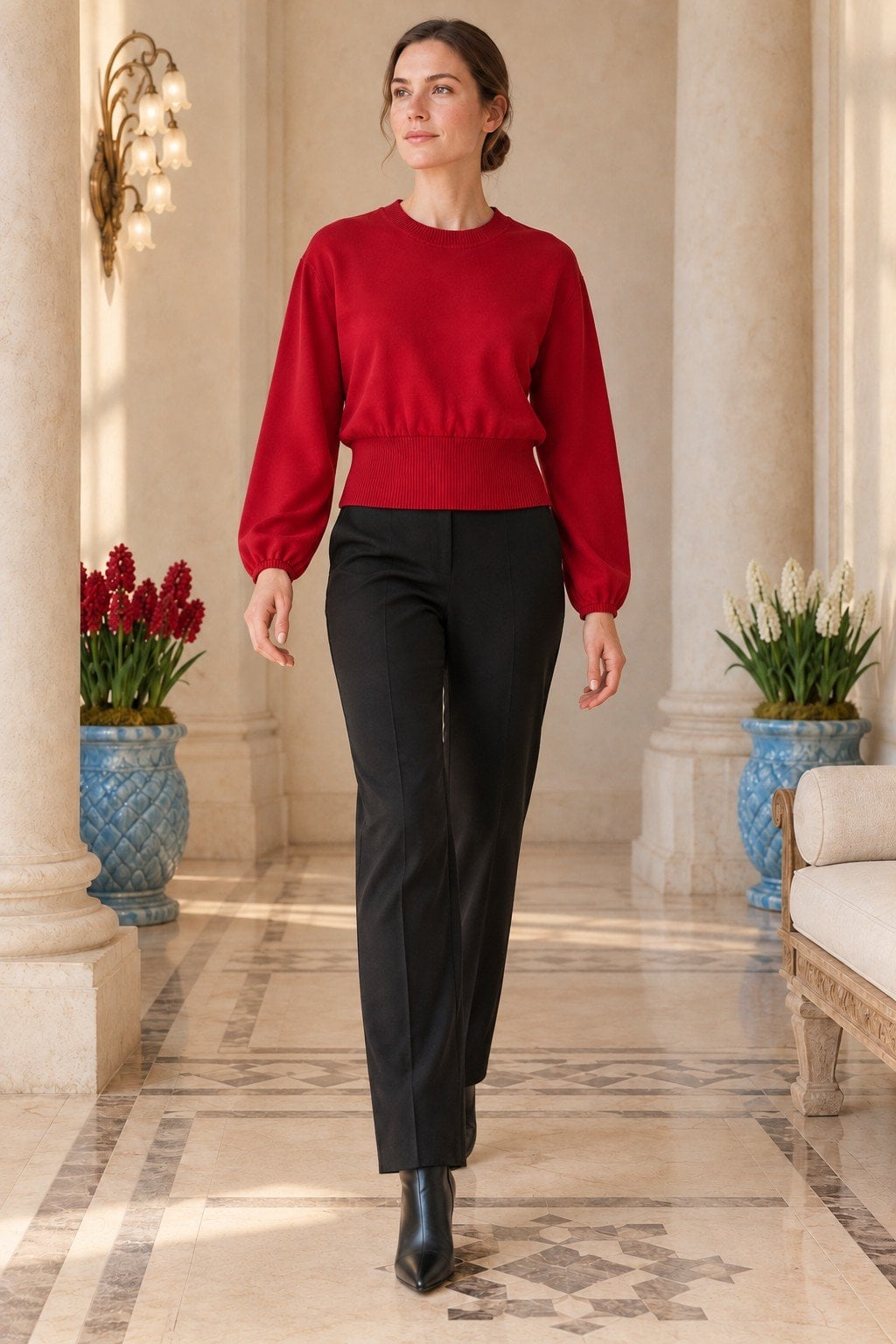 Knit Crew Neck Sweatshirt with Balloon Sleeves - Cherry Red - Xlove - by Peralane - photo 6