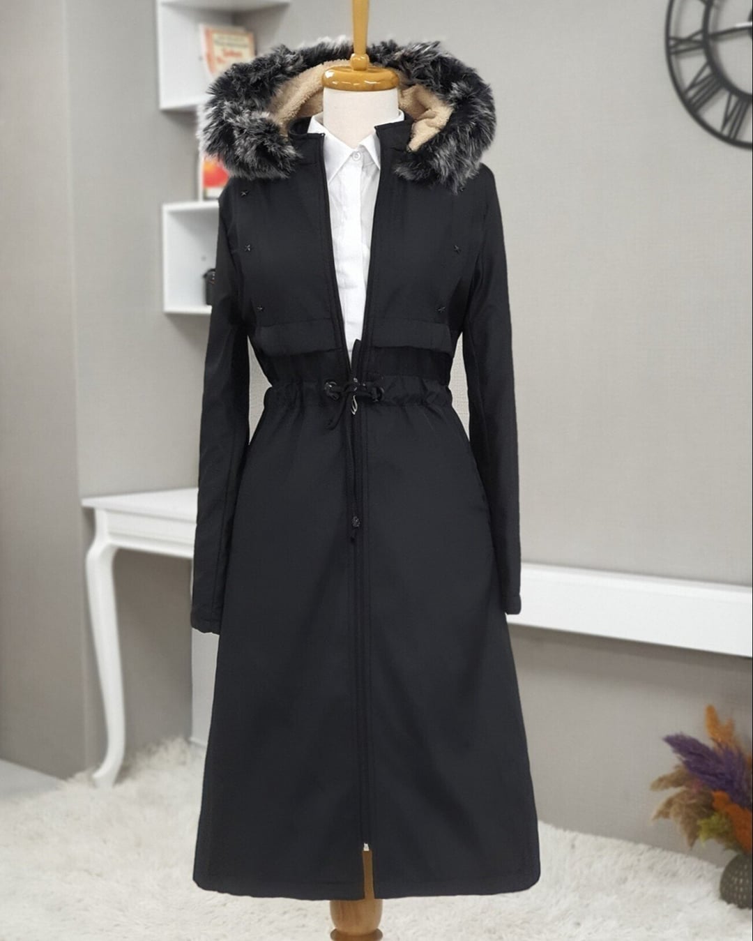 Black Drawstring Waist Hooded Long Coat with Faux Fur Lining - Podyumplus - by Peralane - photo 6