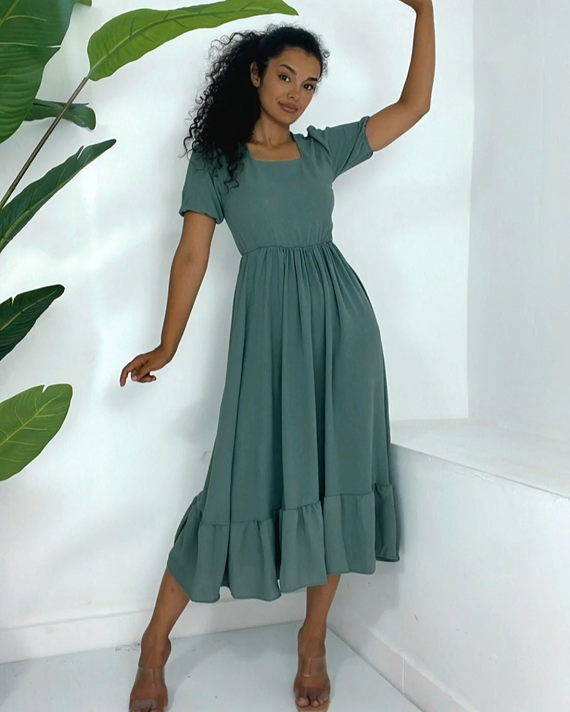 Mint Square Neck Elasticated Waist Short Sleeve Tiered Dress - Podyumplus - by Peralane - photo 2