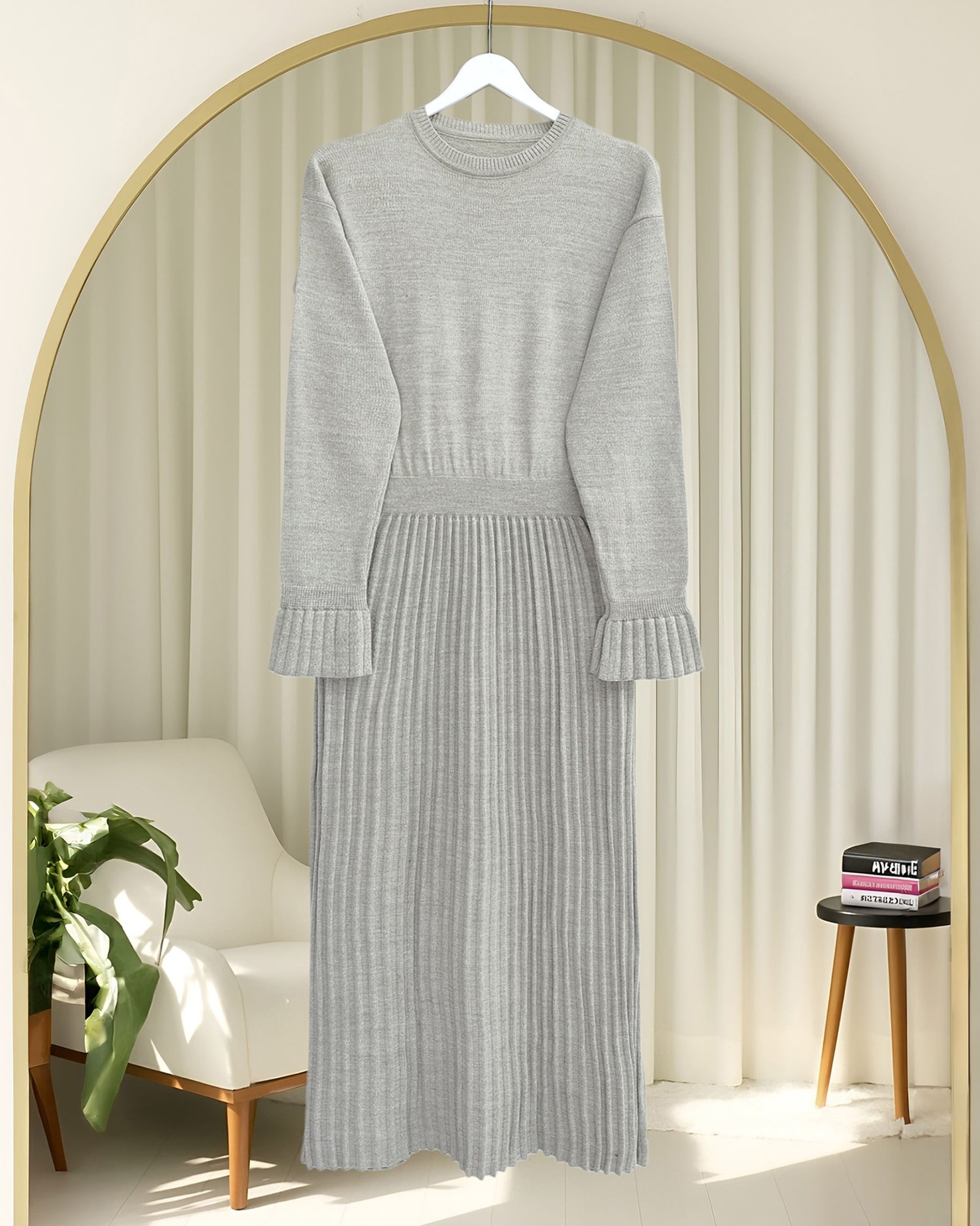 Ribbed Knit Long Dress with Capelet Detail and Elastic Waist - Light Beige - Podyumplus - by Peralane - photo 6