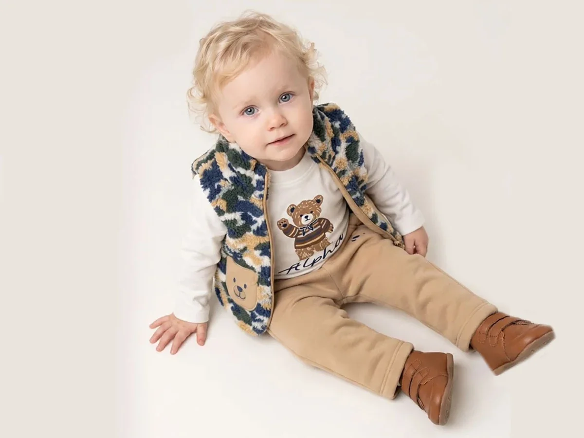 Bear Print Fleece Vest Baby Boy Three-Piece Set - Elci Baby - by Peralane