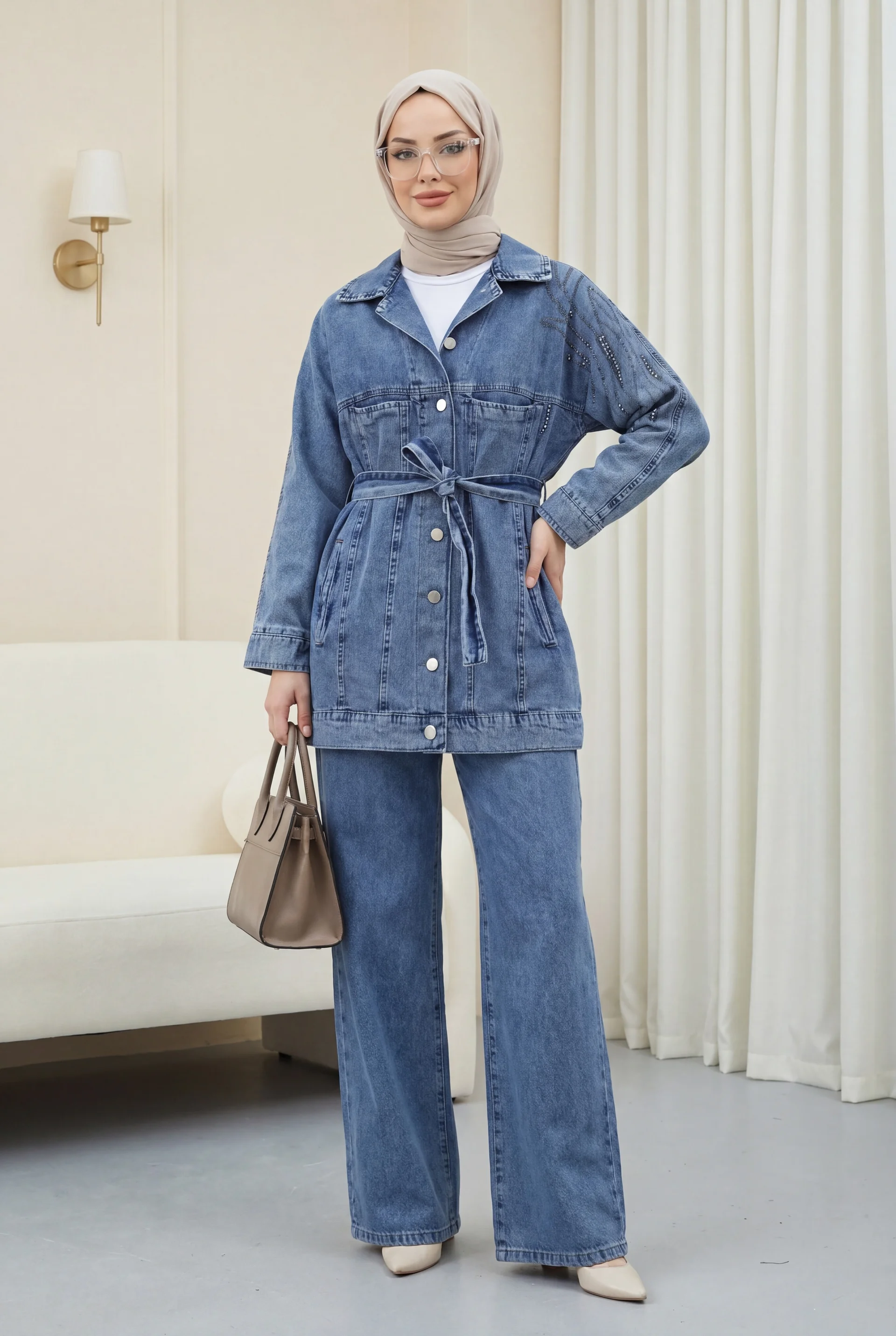 Stone Embellished Belted Denim Jacket and Trousers Set - Ice Blue - Podyumplus - by Peralane