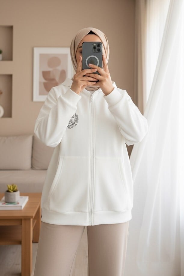 White Zip-Up Hoodie with Graphic Print for Women - Podyumplus - by Peralane