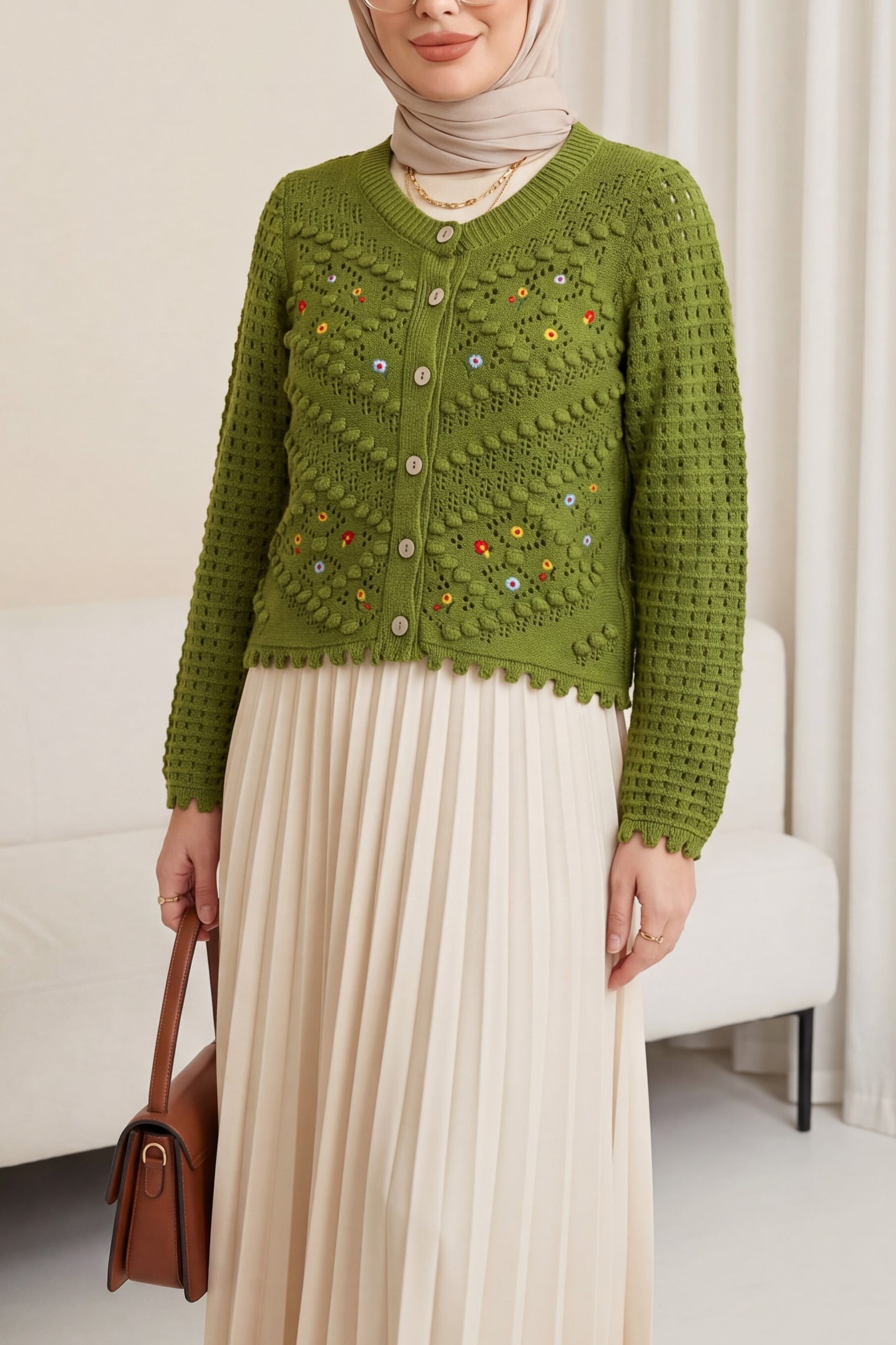 Floral Embroidered Openwork Knit Cardigan - Khaki - Podyumplus - by Peralane