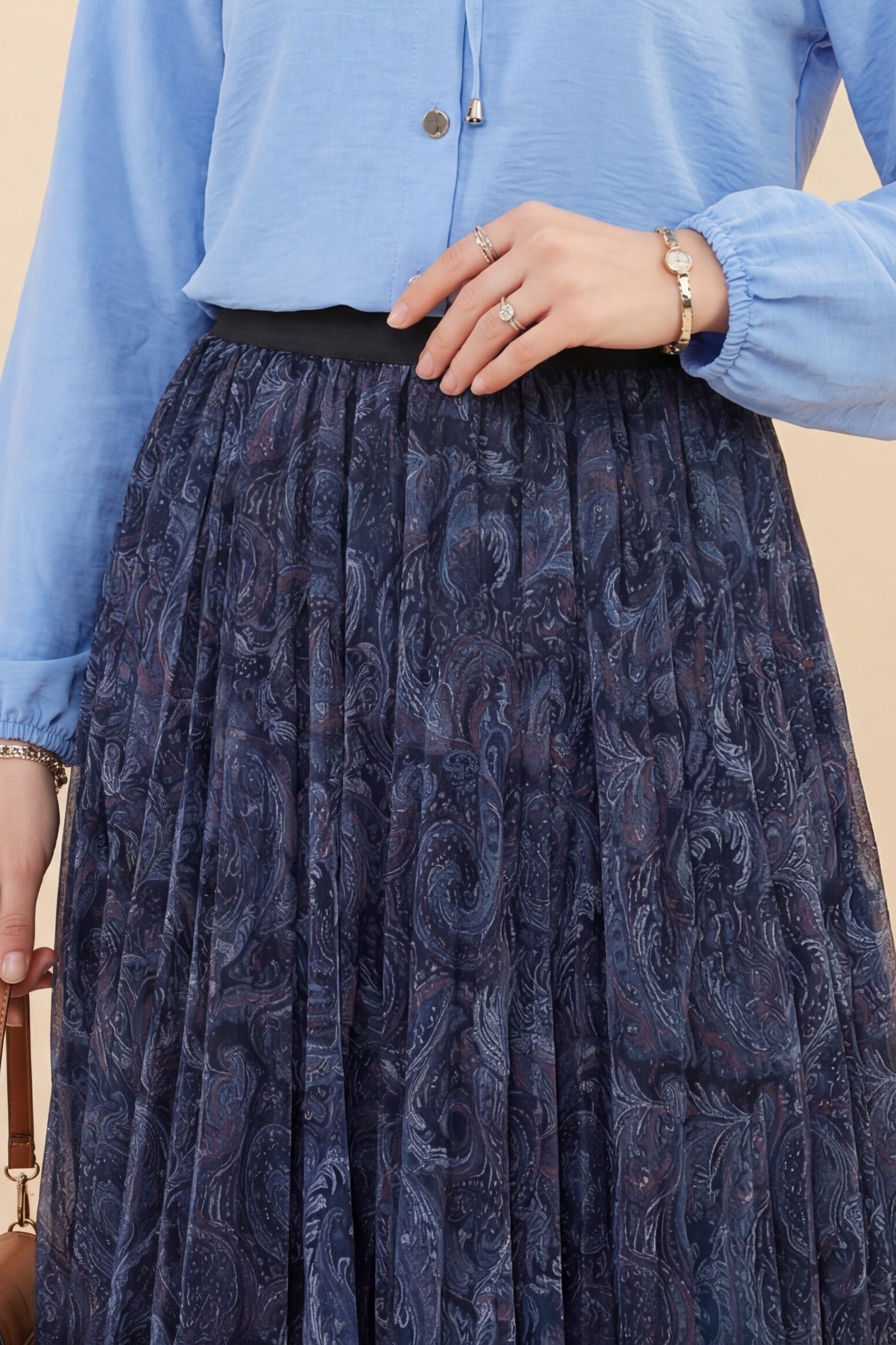 Asymmetric Lined Tulle Skirt with Mixed Print - Dark Blue - Podyumplus - by Peralane - photo 3