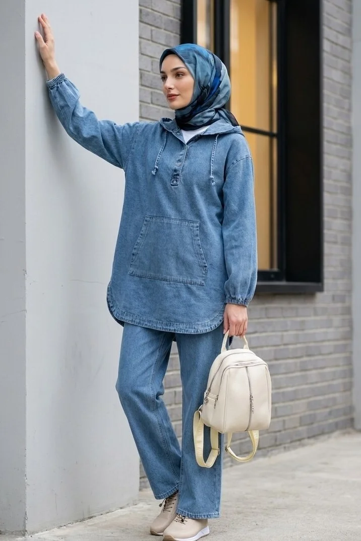 Women's Hooded Denim Co-ord Set with Kangaroo Pocket and Snap Front - Blue - Podyumplus - by Peralane - photo 3
