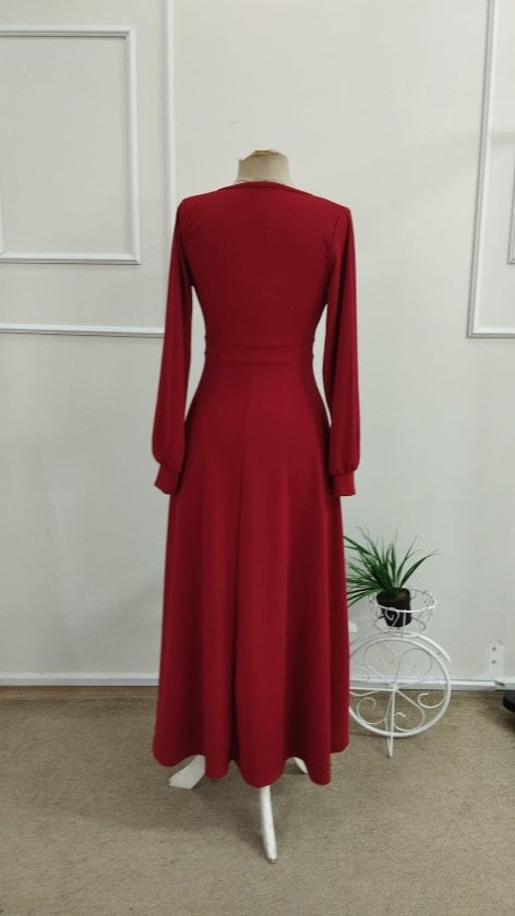 Women's Long Sleeve Wrap Neck Pleated Waist Corset Detail Long Crepe Dress - Janes - by Peralane - photo 6