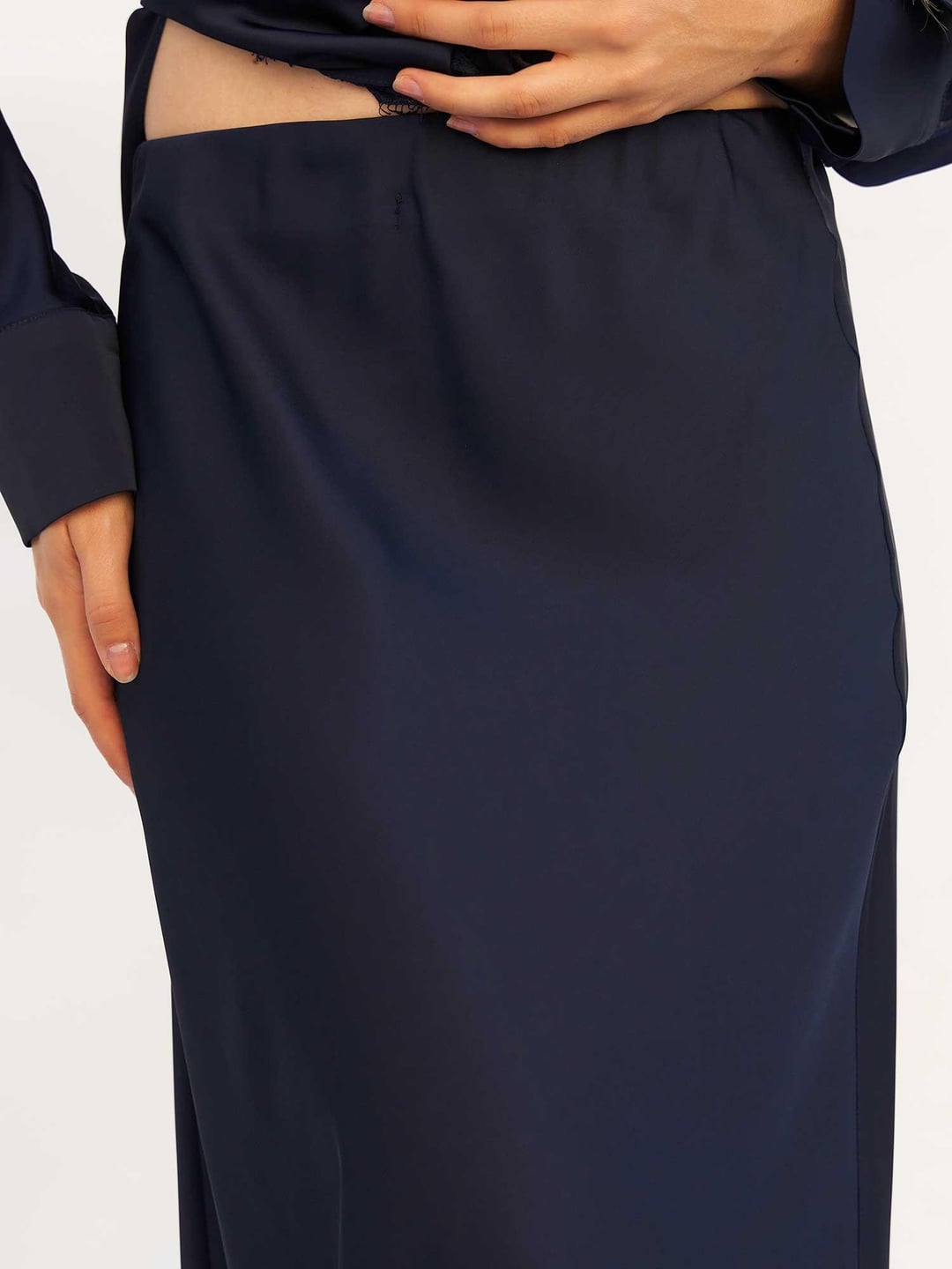 Navy Blue Satin Wrap Dress with Lace Trim - Lefon - by Peralane - photo 6